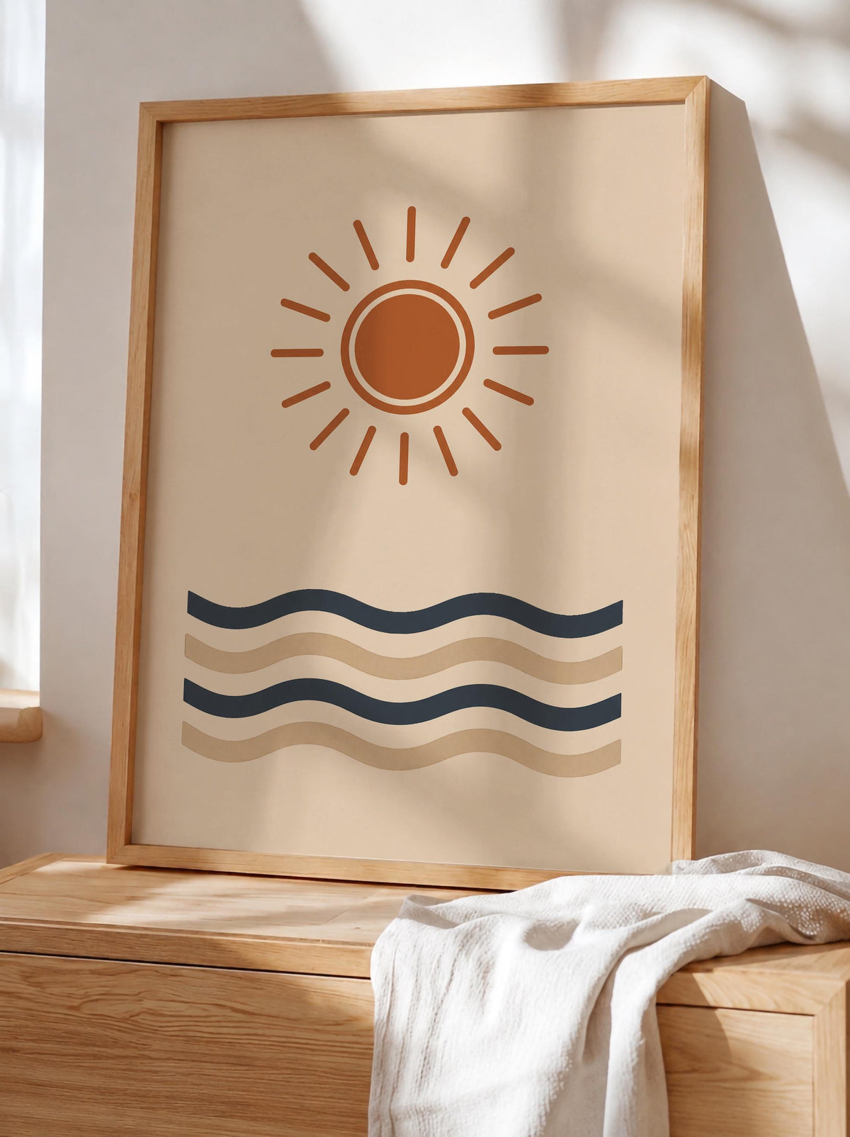 Sun and Waves Print | Coastal Minimalist Beach House Wall Art | Framed or Unframed