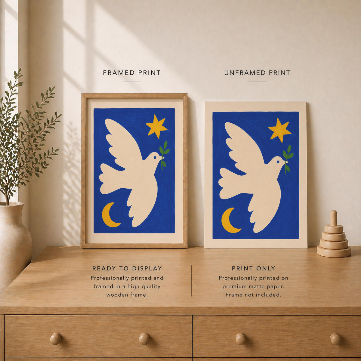 Hand-Painted Peace Dove Art Print | Colourful Folk Art Bird Wall Decor | Framed or Unframed