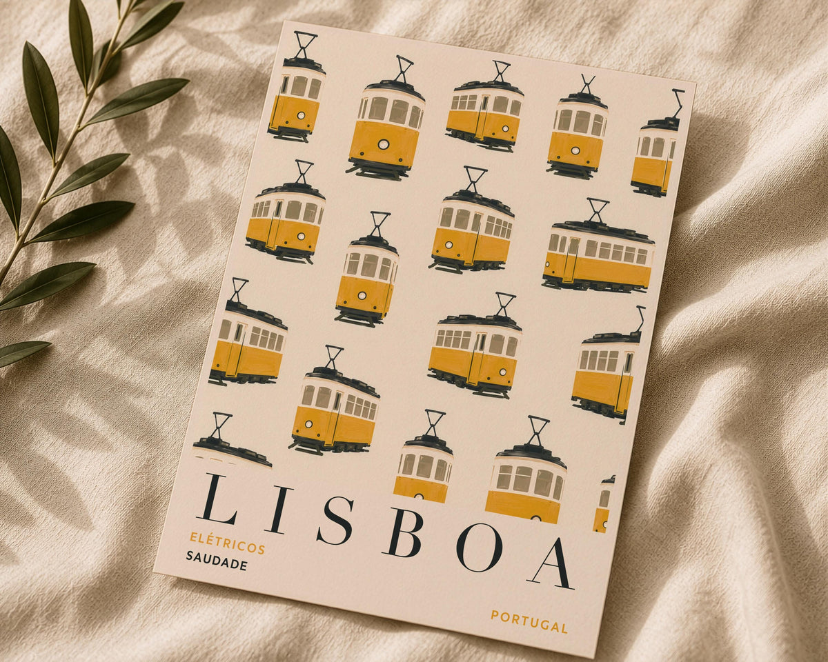 Lisbon Print | Yellow Tram Wall Art, Hand-Painted Portugal Travel Poster | Framed or Unframed