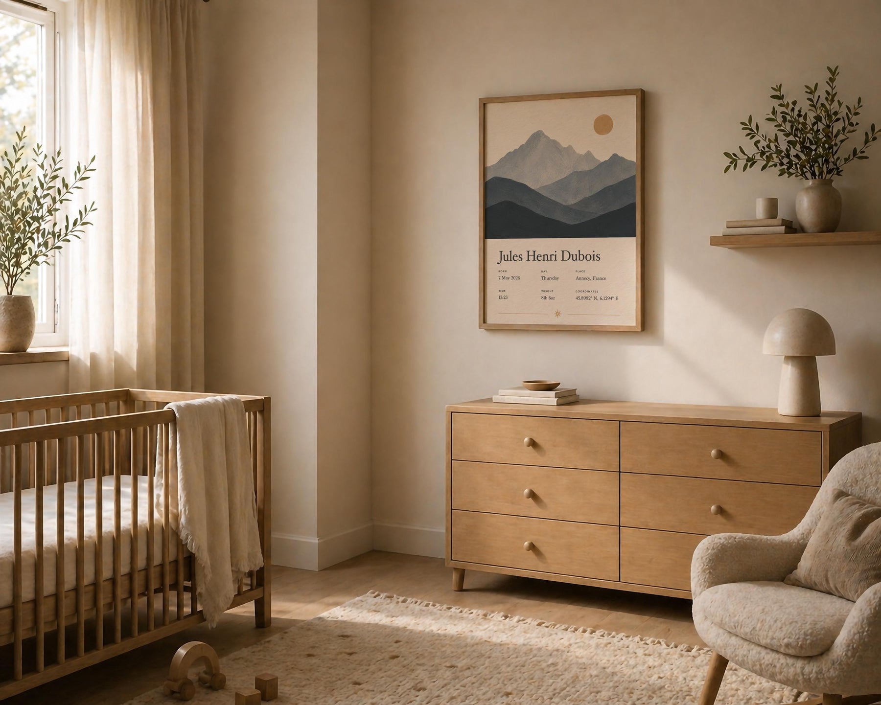 Personalised Birth Story Print | Mountain Landscape Nursery Wall Art | Framed or Unframed