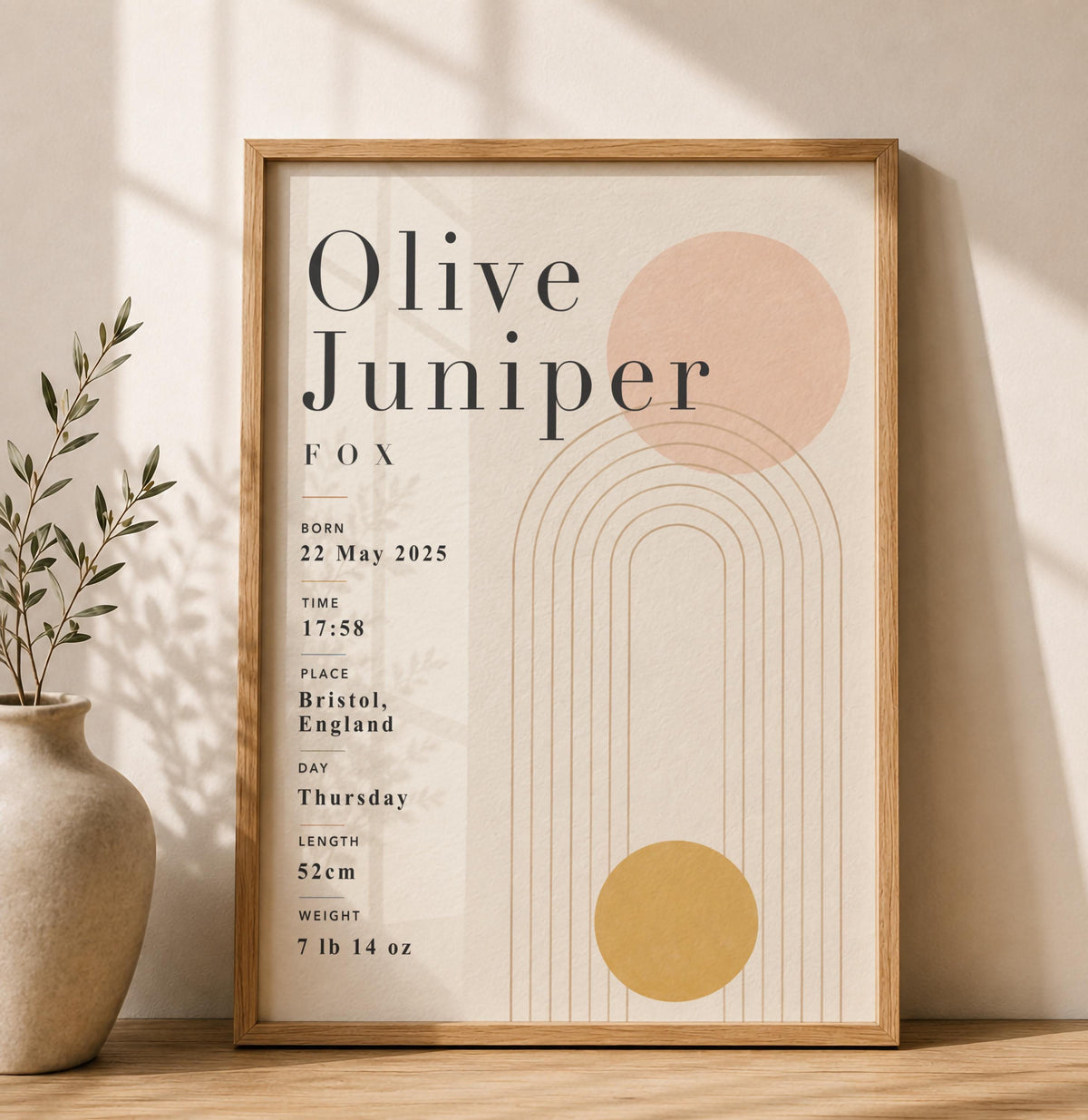 Personalised Birth Record Print | Modern Nursery Wall Art | Framed or Unframed