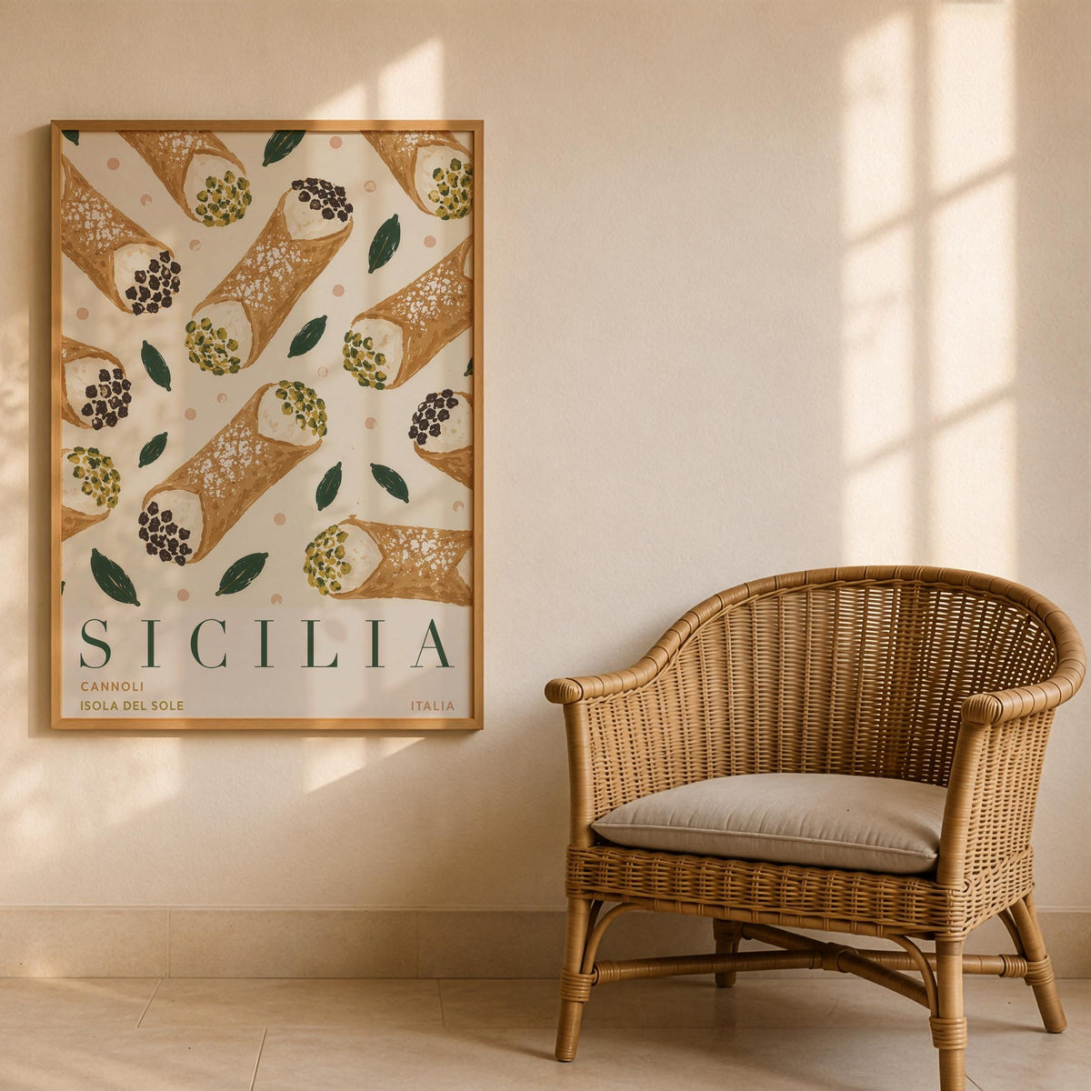 Sicily Cannoli Print | Hand-Painted Italian Food Travel Poster, Kitchen Decor | Framed or Unframed