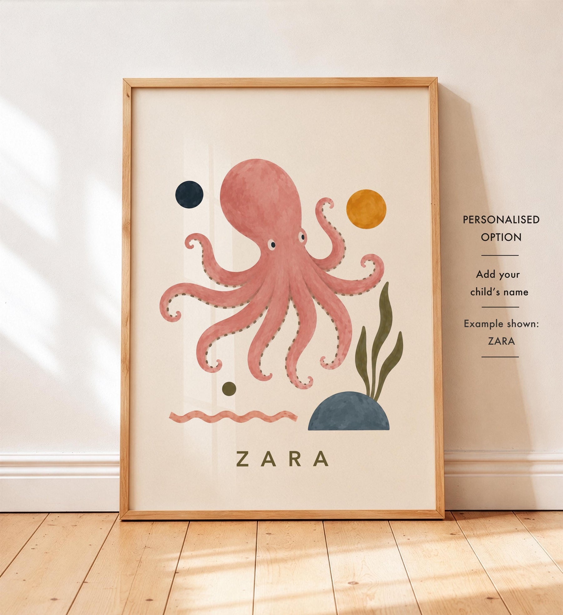 Personalised Octopus Nursery Print | Sea Life Animal Illustrated Wall Art | Framed or Unframed