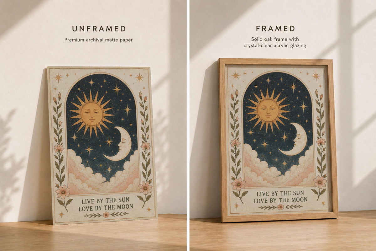 Live By The Sun Love by The Moon Celestial Folk Art Print | Inspirational Boho Illustration | Framed or Unframed