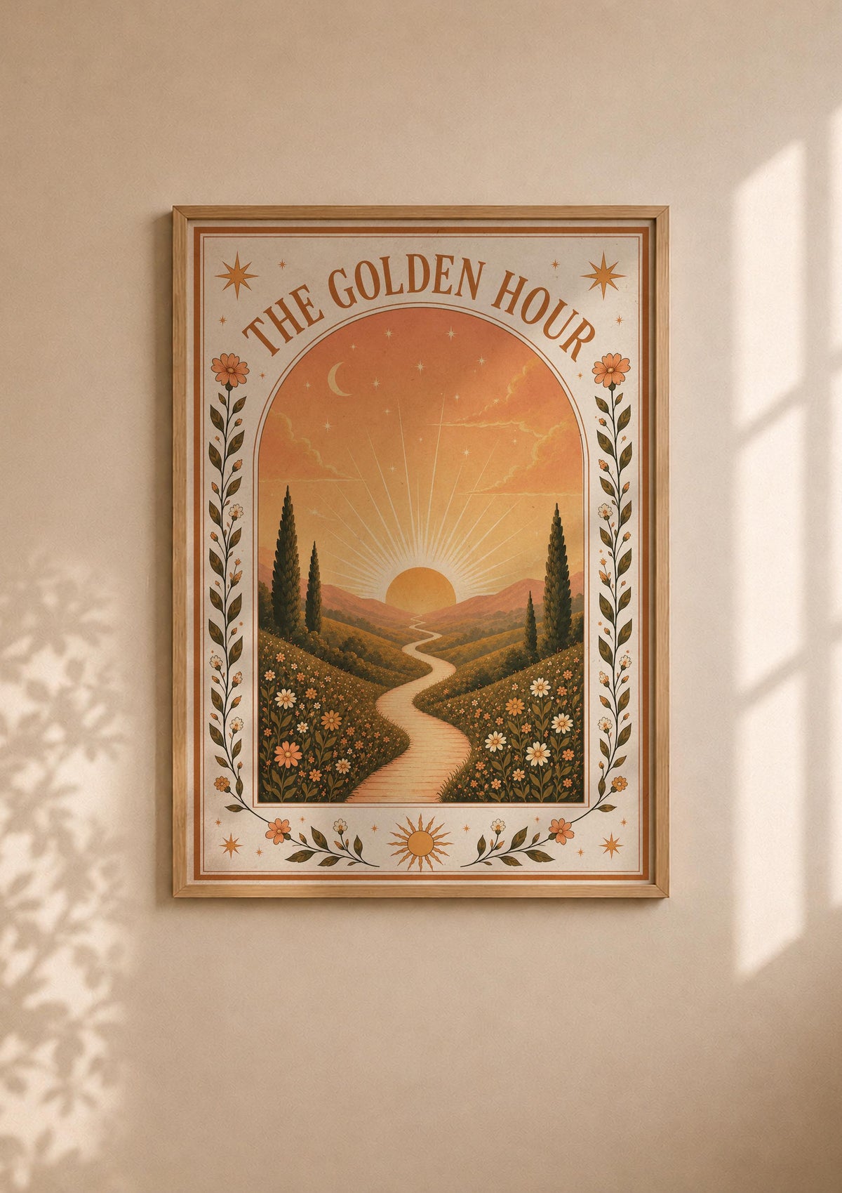 The Golden Hour Print | Sunset Nursery Wall Art, Folk Art Landscape Illustration, Framed or Unframed