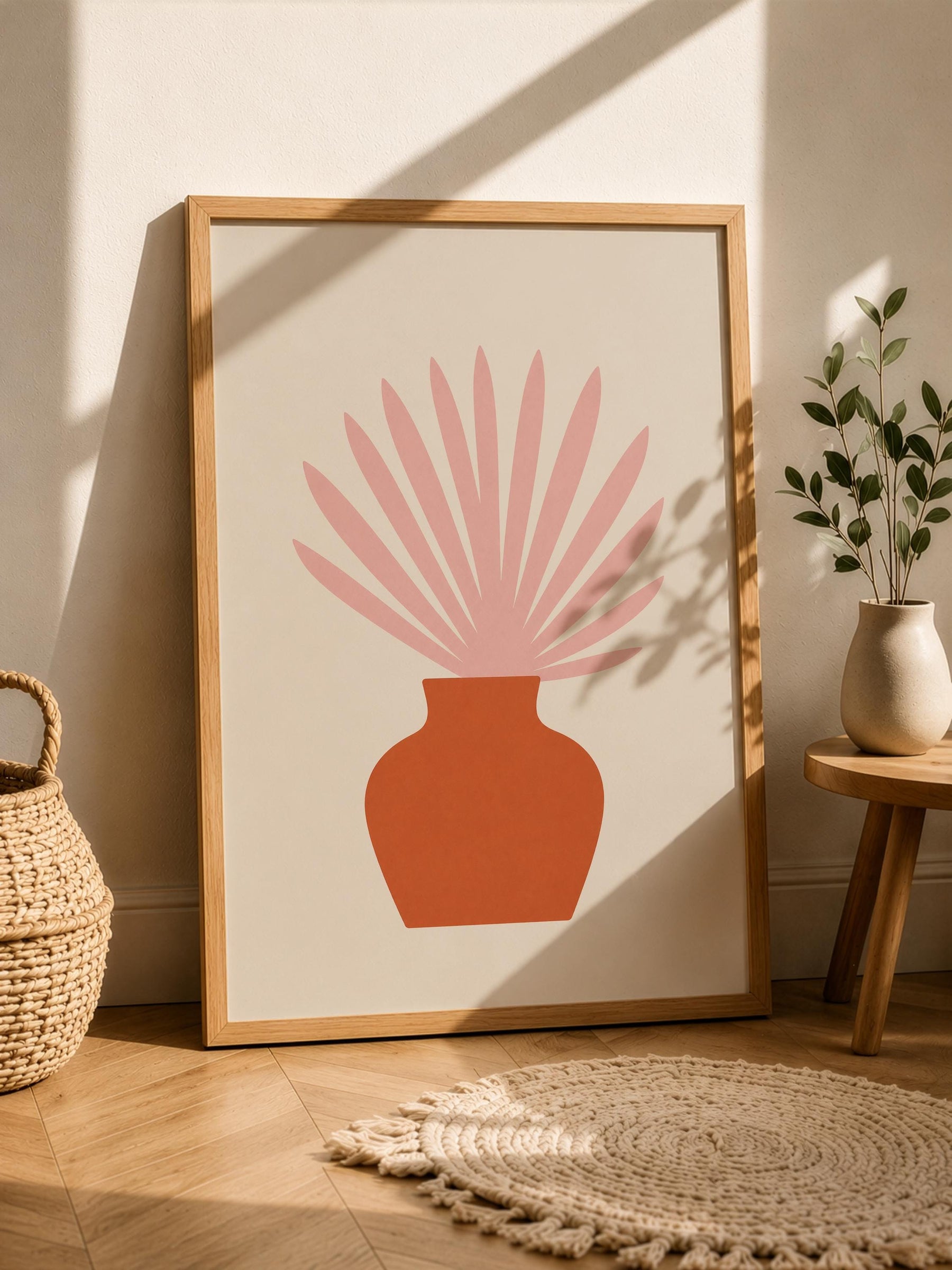 Botanical Vase Print | Ventaglio Pink Fan Palm, Mediterranean Wall Art | Framed or Unframed