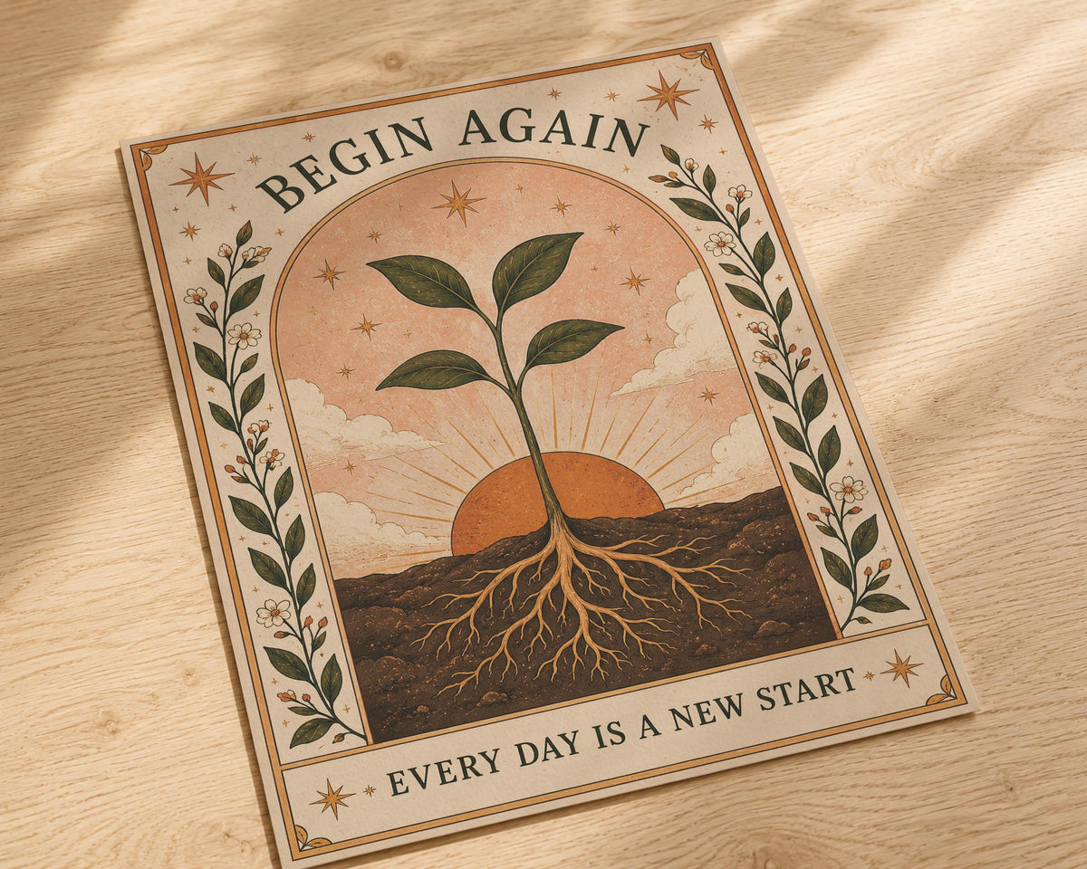 Begin Again Print | Botanical Folk Art Illustration | Framed or Unframed