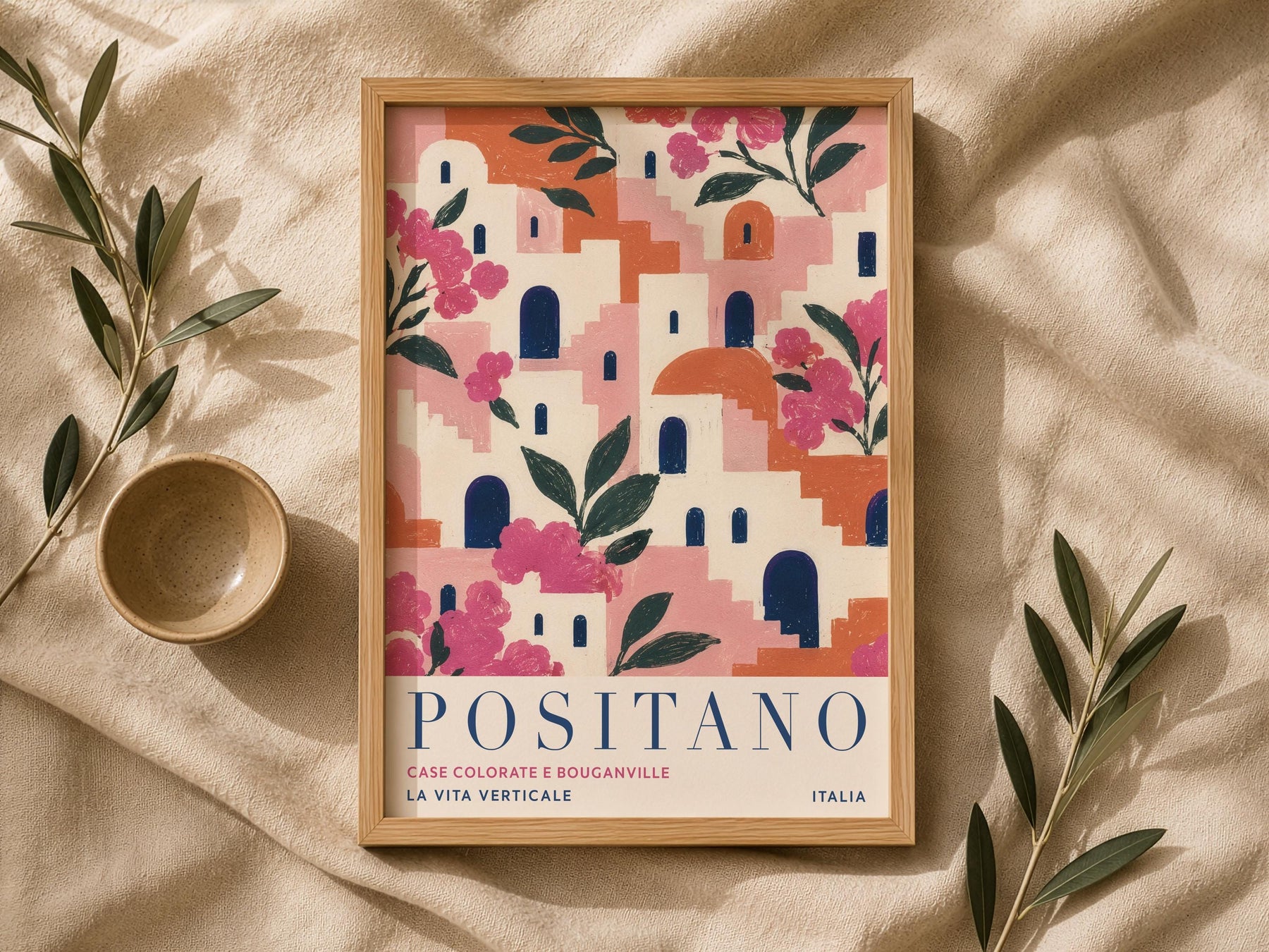 Positano Print | Amalfi Coast Travel Poster, Bougainvillea Floral Wall Art | Framed or Unframed