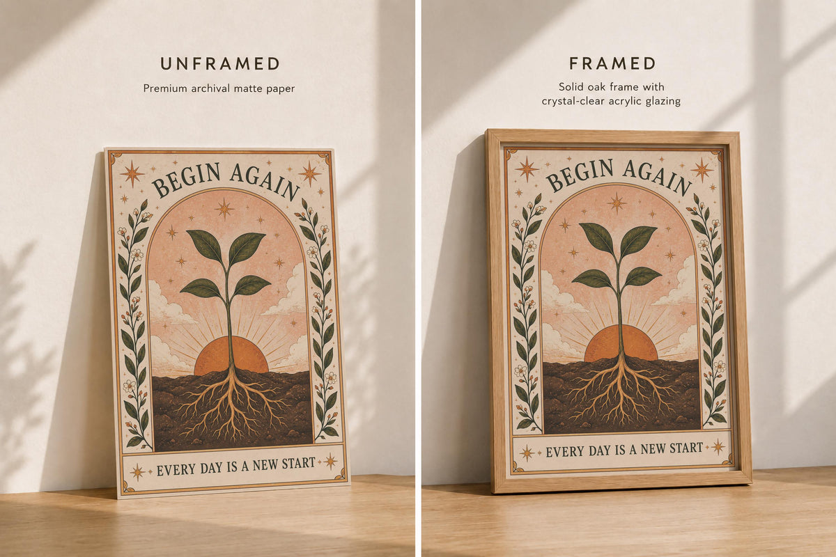 Begin Again Print | Botanical Folk Art Illustration | Framed or Unframed