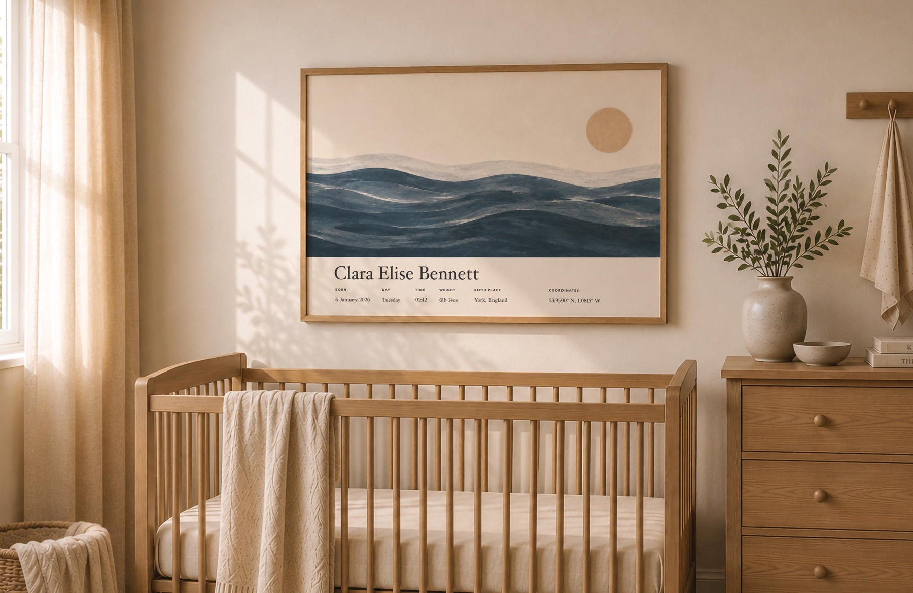 Personalised Birth Story Landscape Print | Ocean Seascape Nursery Wall Art | Framed or Unframed