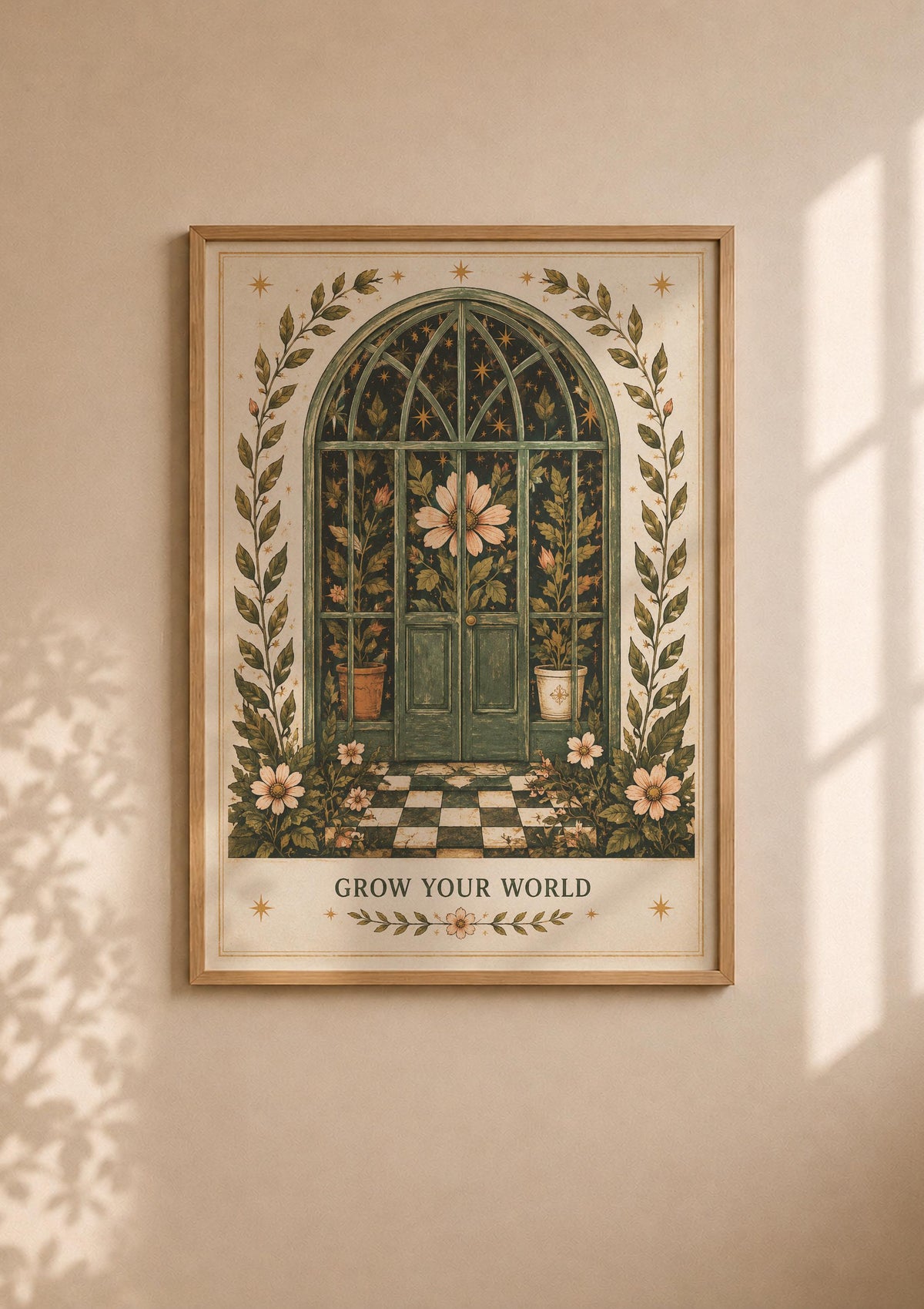 Botanical Greenhouse Print | Inspirational Folk Art Celestial Wall Decor | Framed or Unframed
