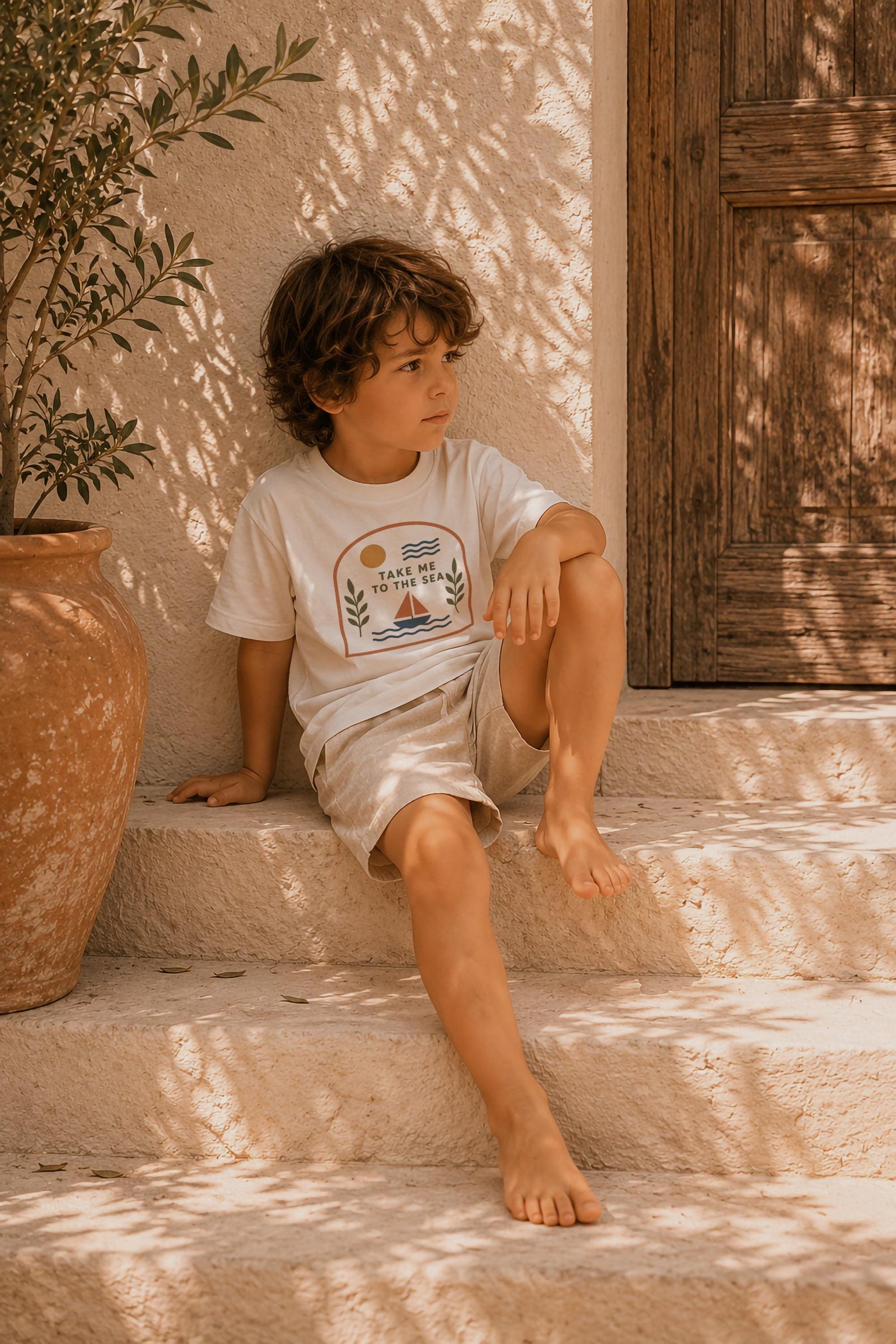 Kids Organic Cotton T-Shirt | Mediterranean Sailboat Graphic Tee Summer Holiday