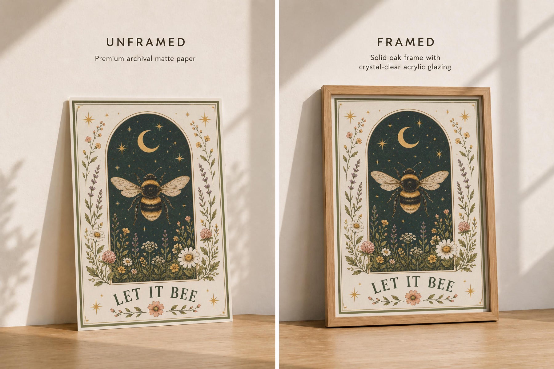 Bumblebee Folk Art Print | Celestial Moon, Wildflowers, Botanical Nature Decor | Framed or Unframed