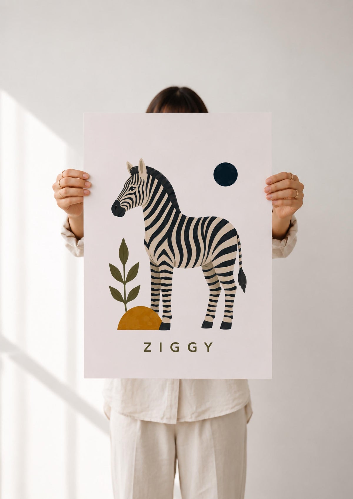 Personalised Zebra Nursery Print, Modern Playroom Safari Animal Wall Art, Framed or Unframed Poster