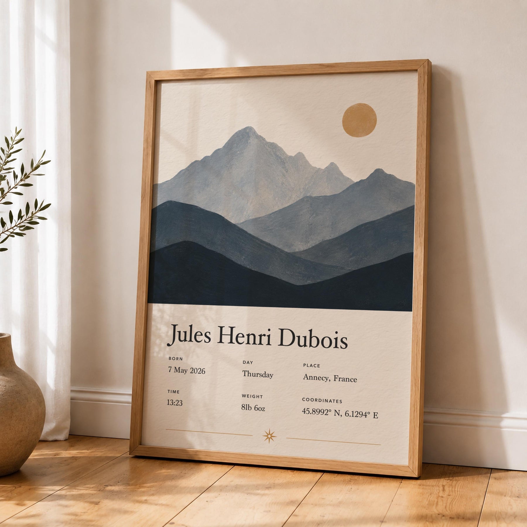Personalised Birth Story Print | Mountain Landscape Nursery Wall Art | Framed or Unframed