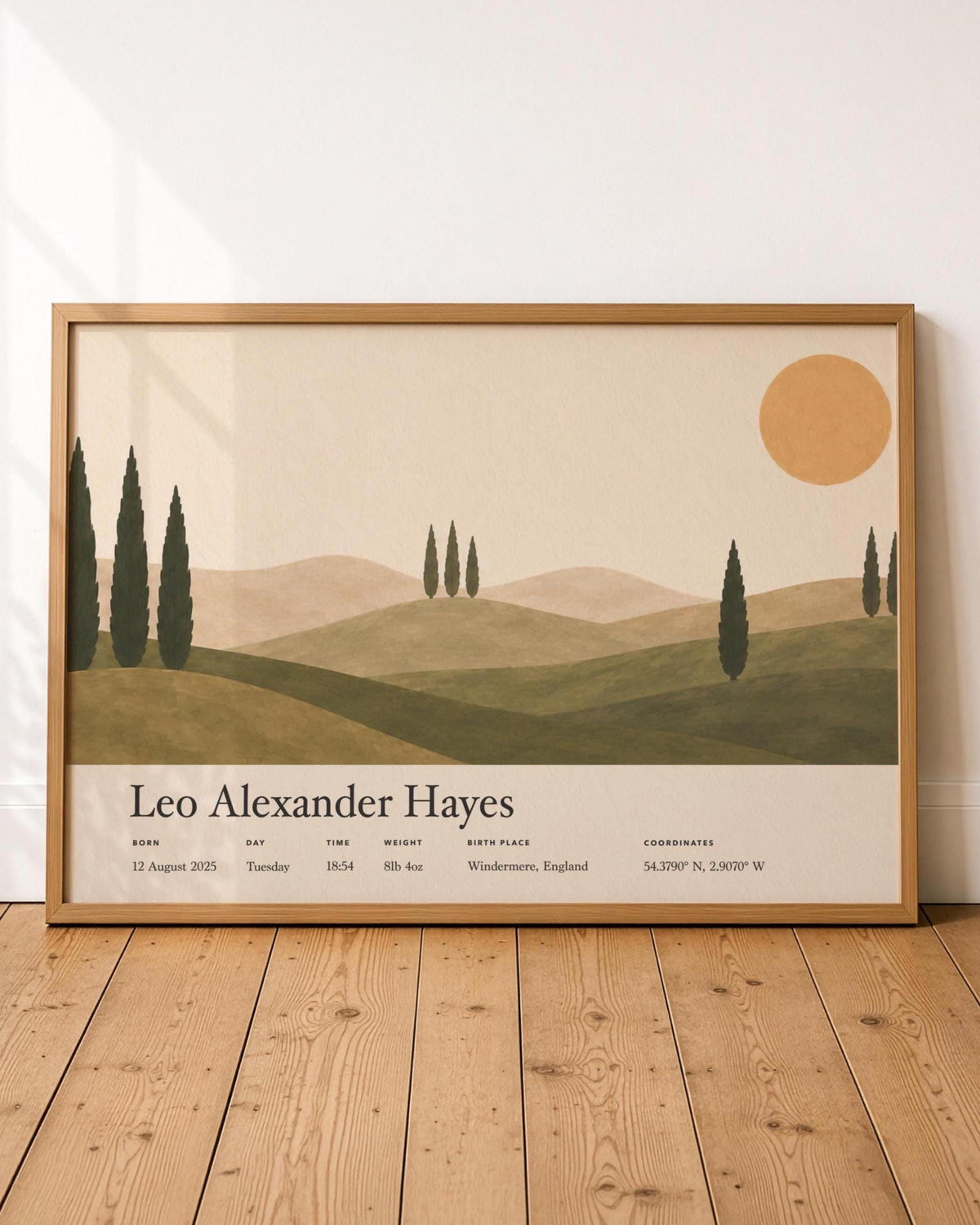 Personalised Birth Story Landscape Print | Mediterranean Nursery Wall Art | Framed or Unframed