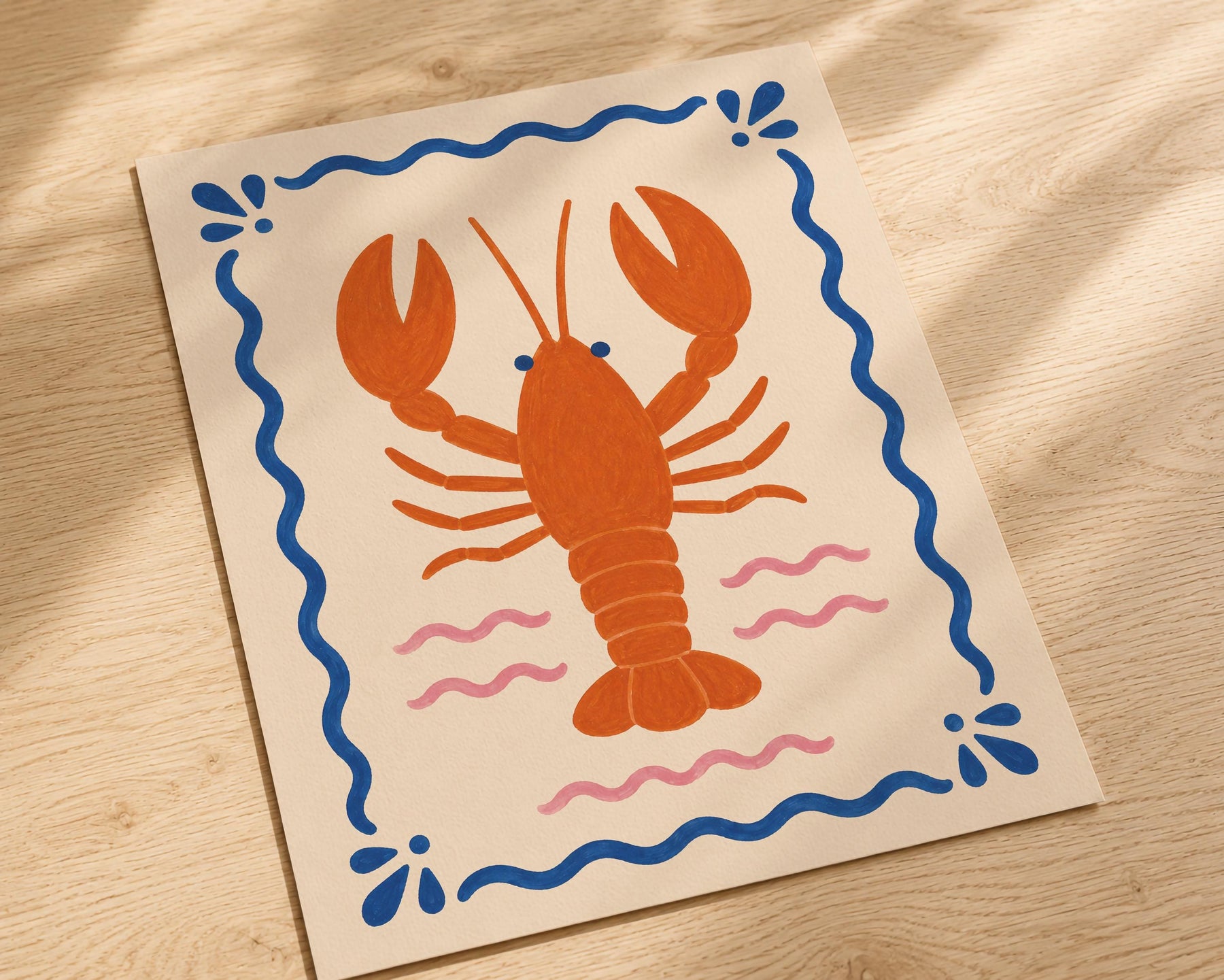 Hand-Painted Lobster Print | Coastal Beach House Decor | Framed or Unframed
