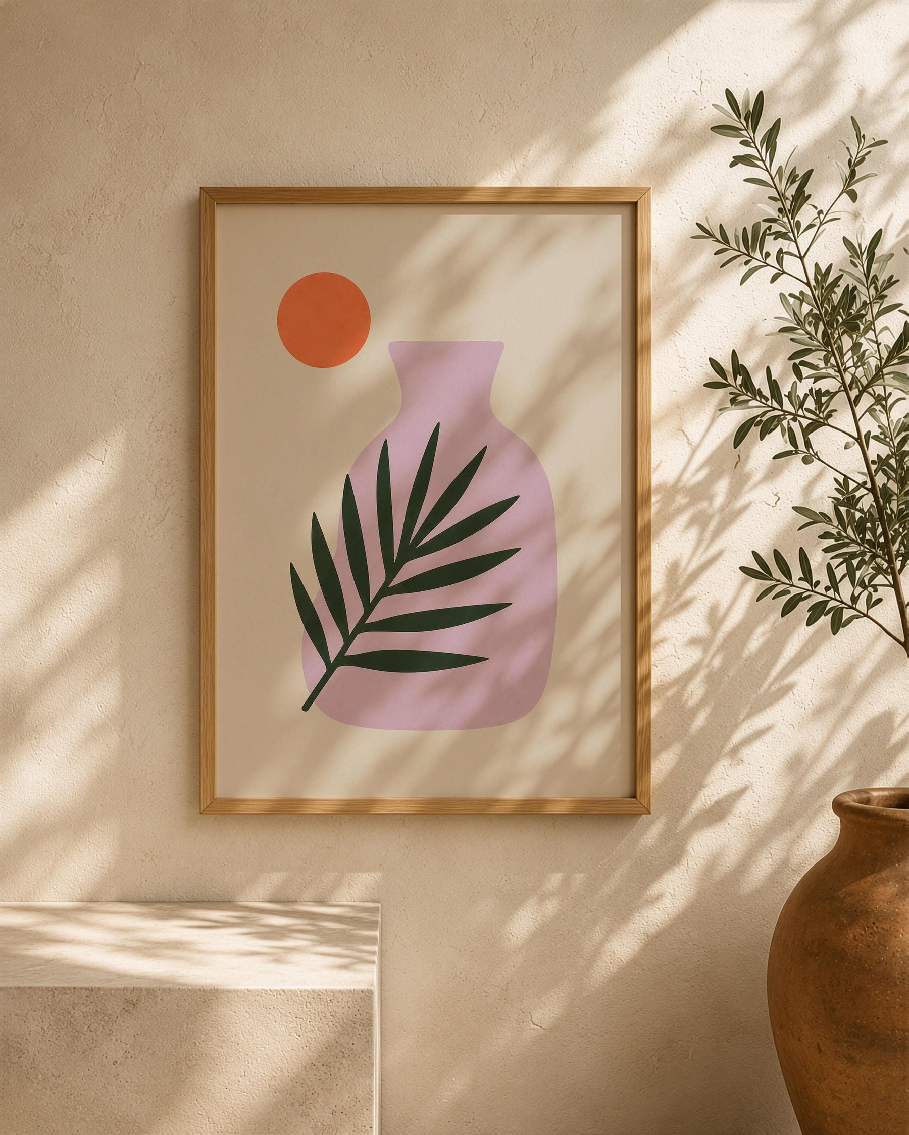 Sunset Palm Leaf Print | Purple Vase Botanical Art, Mediterranean Modern Decor | Framed or Unframed