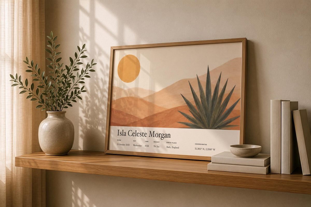 Personalised Birth Story Print | Agave Desert Landscape Nursery Art | Framed or Unframed