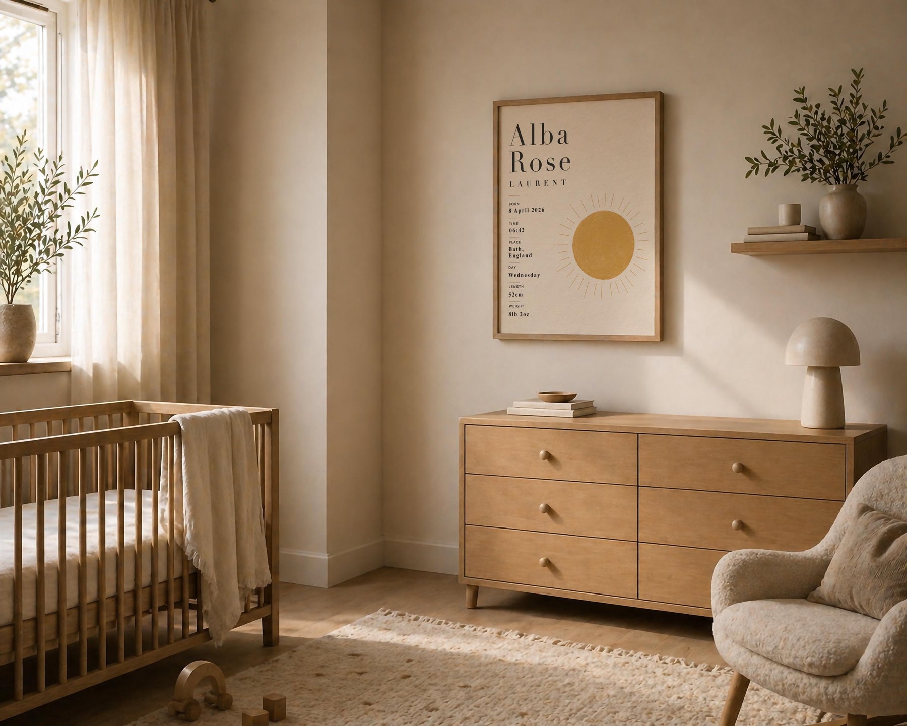 Personalised Sun Birth Record Print | Yellow Nursery Wall Art | Framed or Unframed