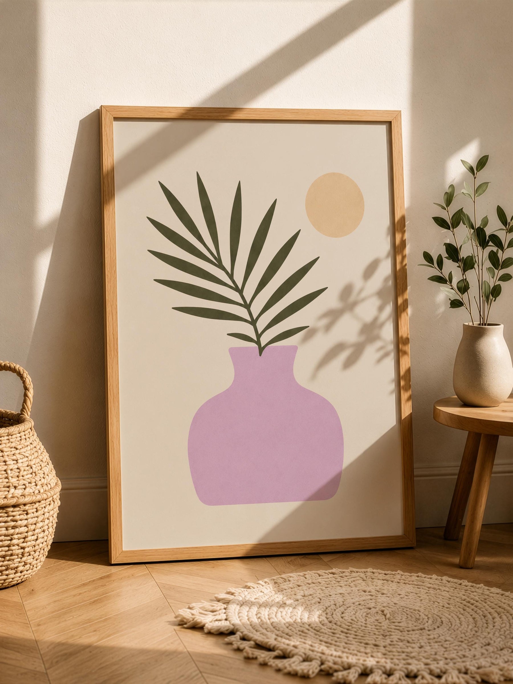 Moonlit Palmera Palm Frond Print | Minimalist Botanical Vase Wall Art | Framed or Unframed