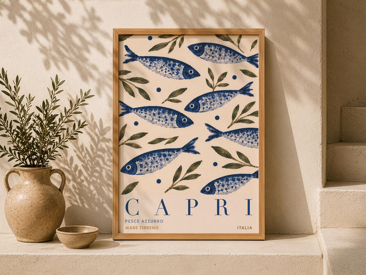 Capri Italy Fish Print | Hand-Painted Mediterranean Coastal Wall Art | Framed or Unframed