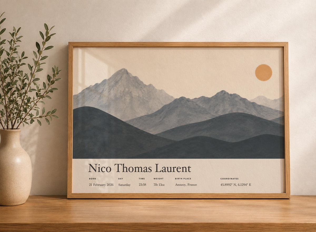 Personalised Birth Story Landscape Print | Mountain Nursery Wall Art | Framed or Unframed