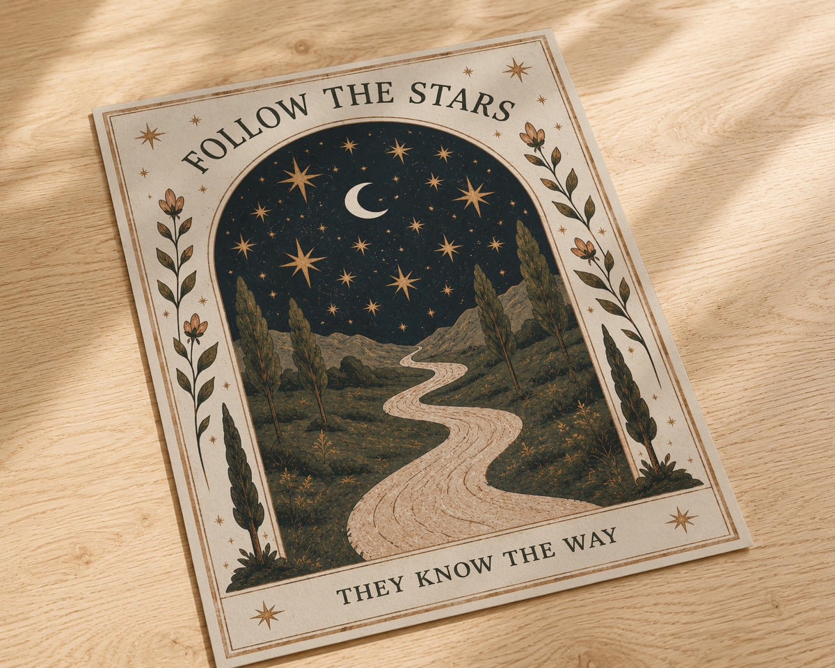 Follow The Stars Print | Celestial Moon Nursery Wall Art, Folk Landscape Illustration, Framed or Unframed
