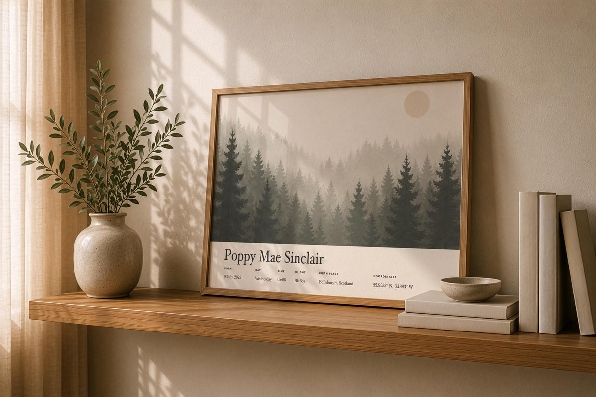 Personalised Birth Story Print | Misty Forest Nursery Wall Art | Framed or Unframed