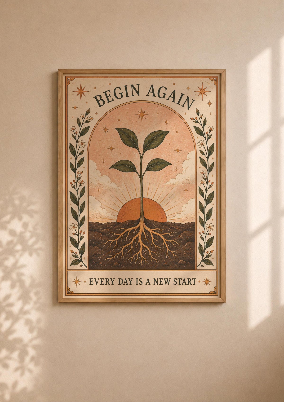 Begin Again Print | Inspirational Folk Art, Botanical Wall Decor, Celestial Illustration, Framed or Unframed