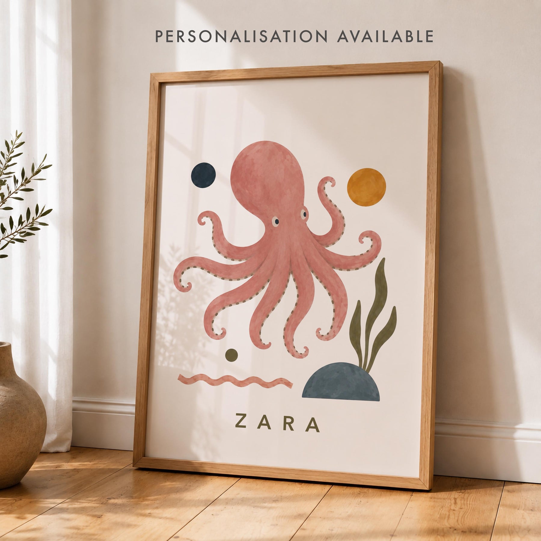 Personalised Octopus Nursery Print | Sea Life Animal Illustrated Wall Art | Framed or Unframed