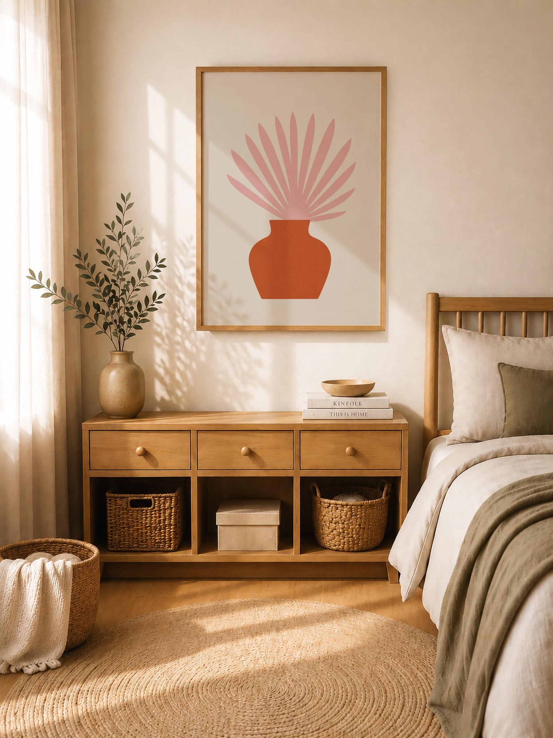 Botanical Vase Print | Ventaglio Pink Fan Palm, Mediterranean Wall Art | Framed or Unframed