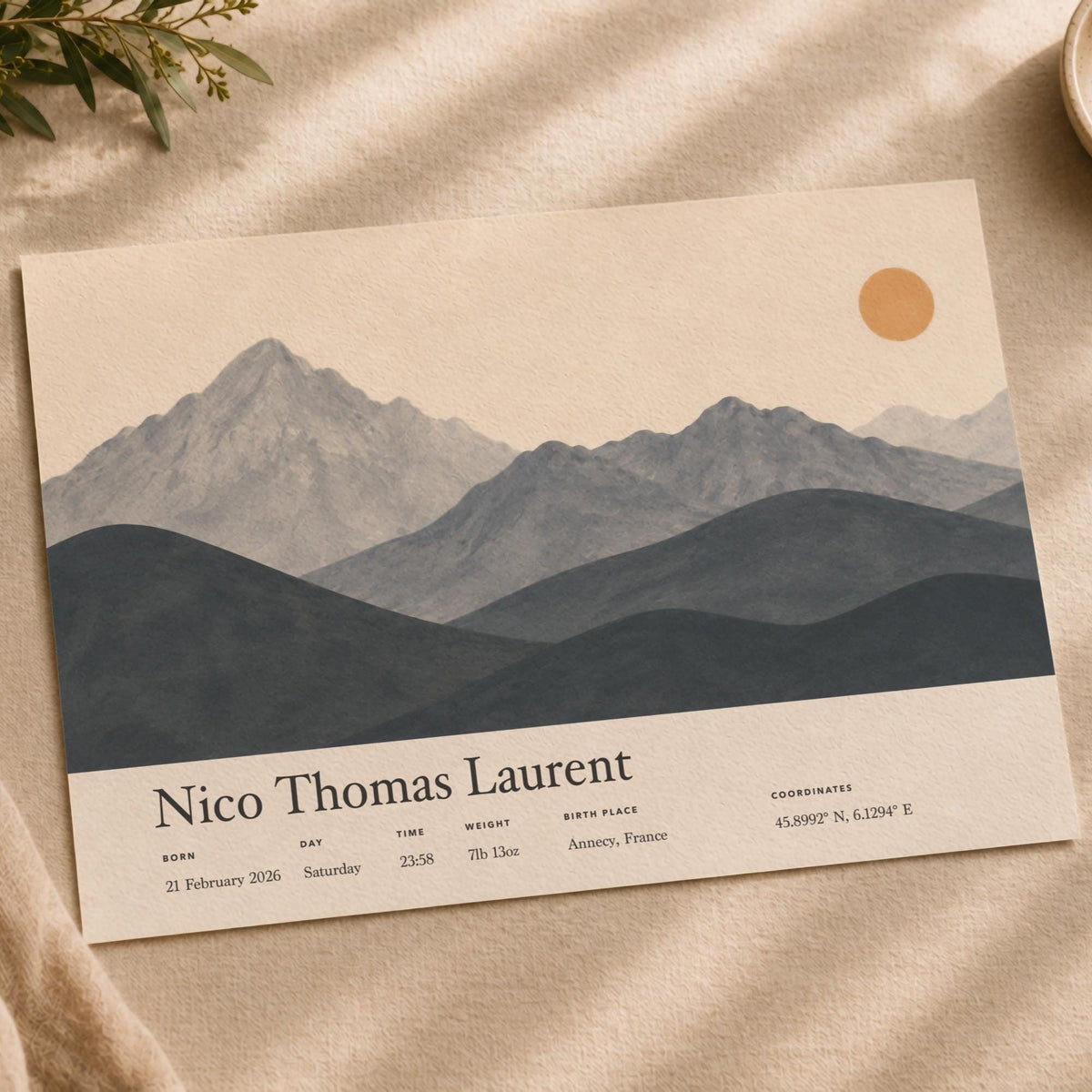 Personalised Birth Story Landscape Print | Mountain Nursery Wall Art | Framed or Unframed