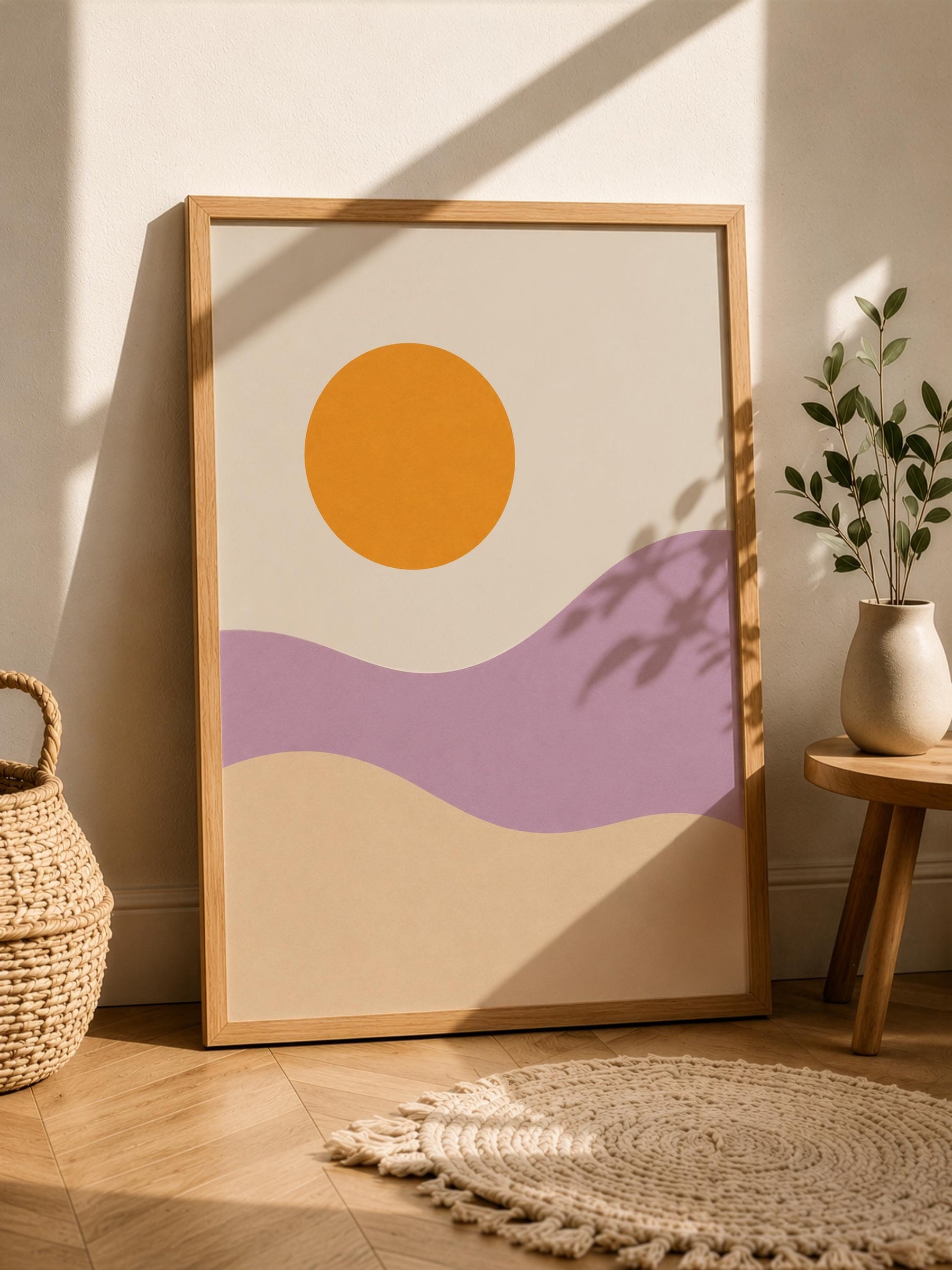 Desert Dunes Abstract Print | Minimalist Lilac Hills, Golden Sun Wall Art | Framed or Unframed