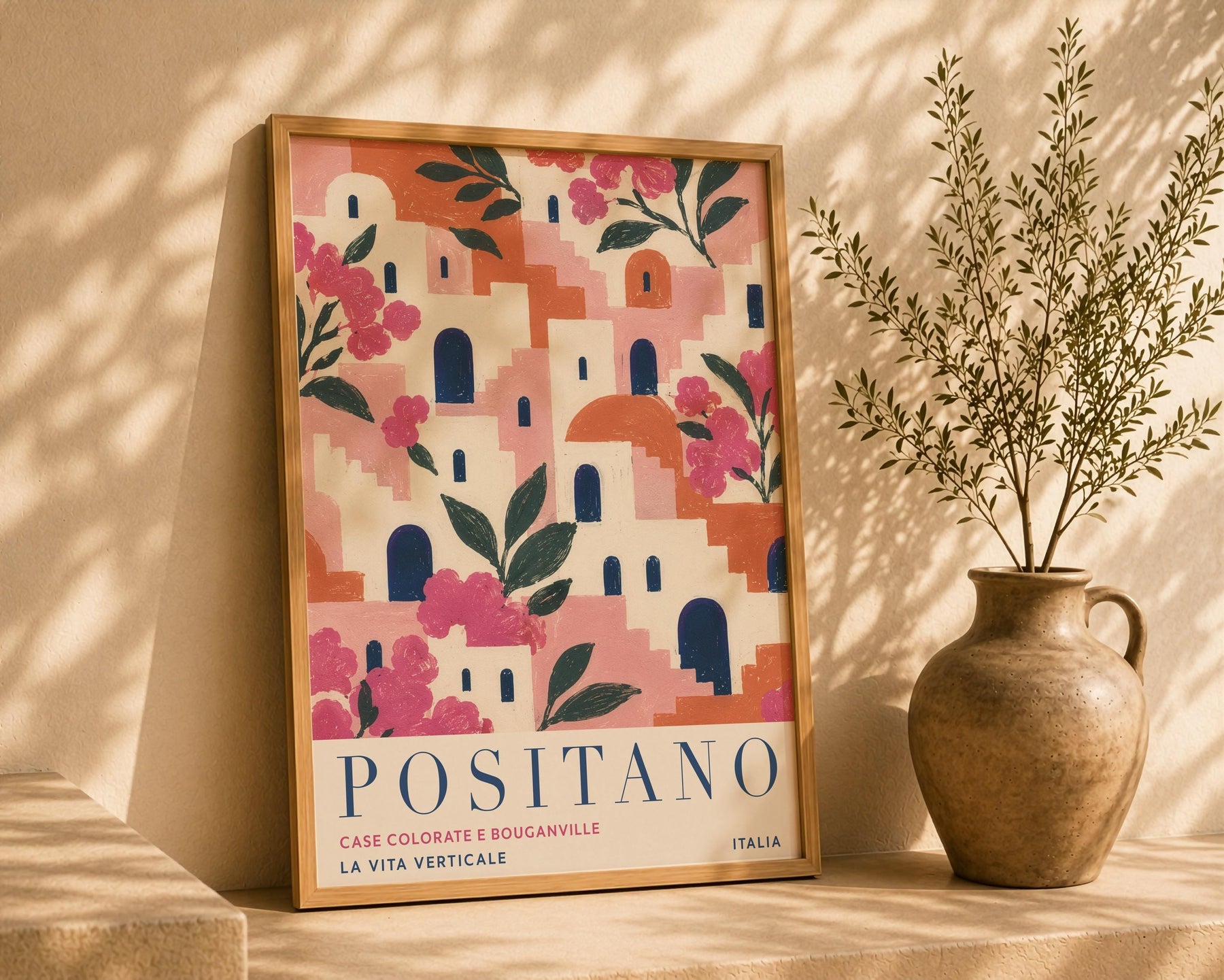 Positano Print | Amalfi Coast Travel Poster, Bougainvillea Floral Wall Art | Framed or Unframed