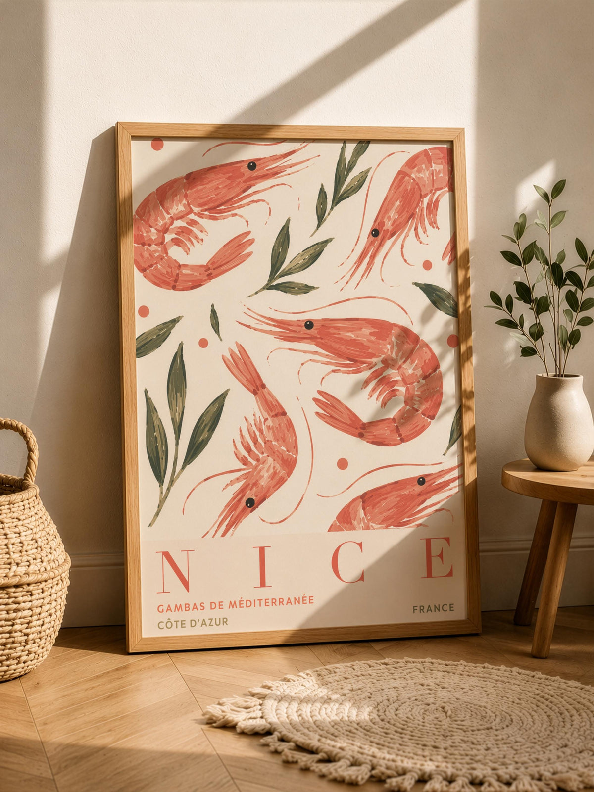 Nice France Travel Poster | Hand-Painted Shrimp, Côte d’Azur Coastal Art | Framed or Unframed