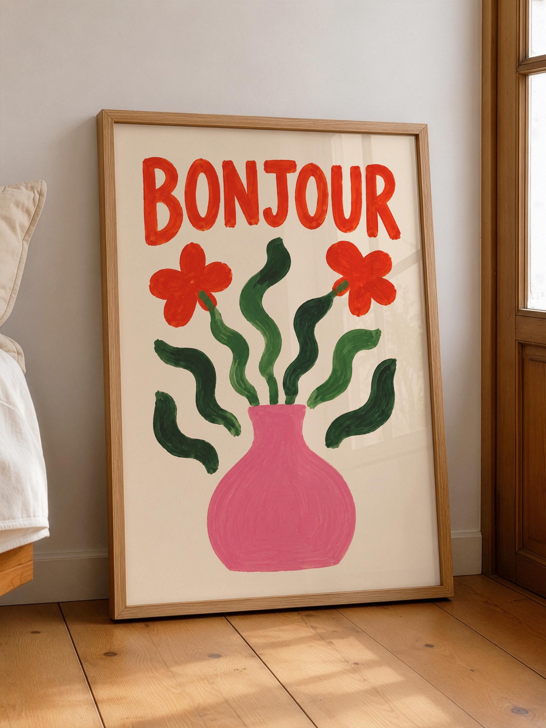 Bonjour Floral Art Print | Hand-Painted Botanical Flower Vase Wall Art | Framed or Unframed