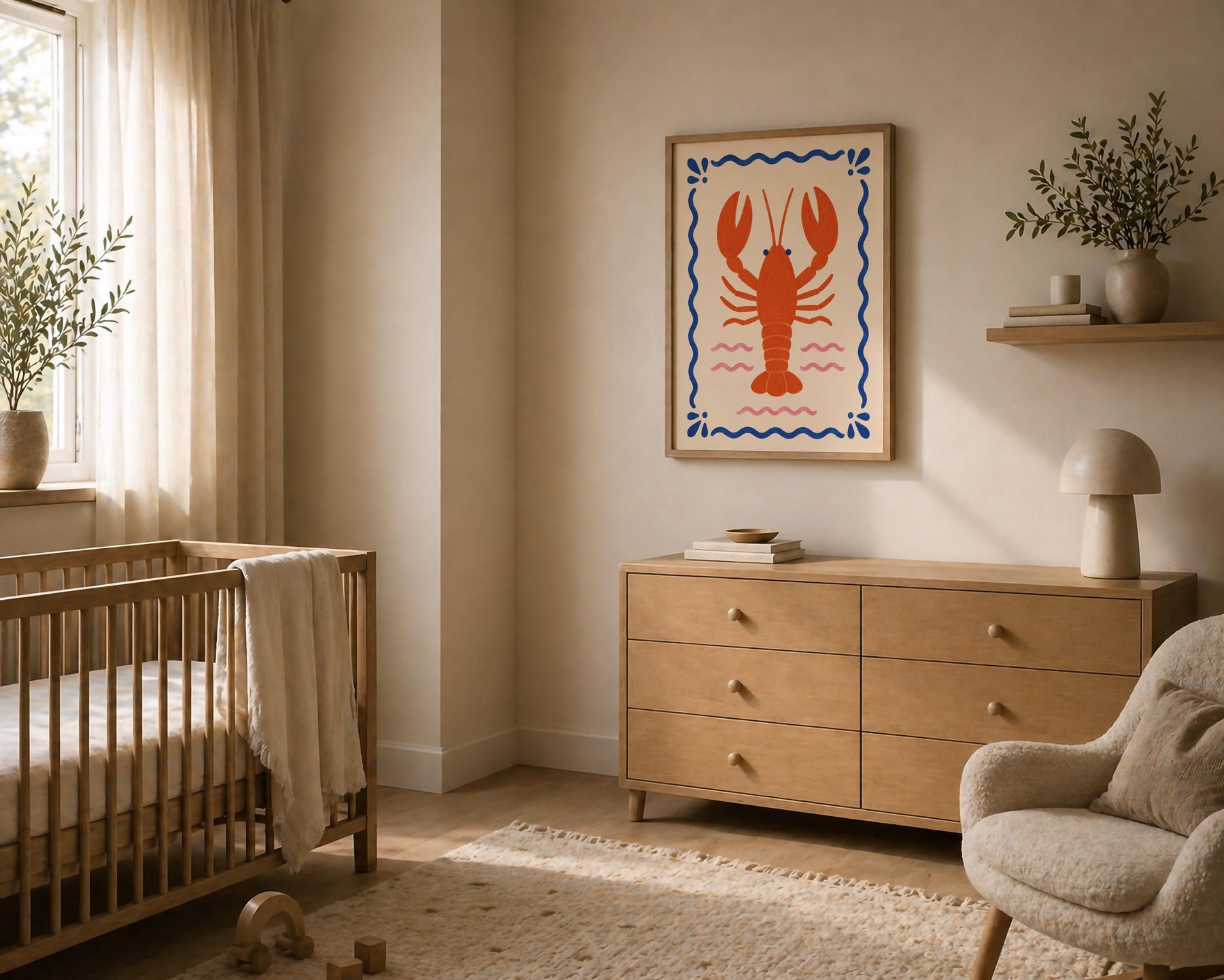 Hand-Painted Lobster Print | Coastal Beach House Decor | Framed or Unframed