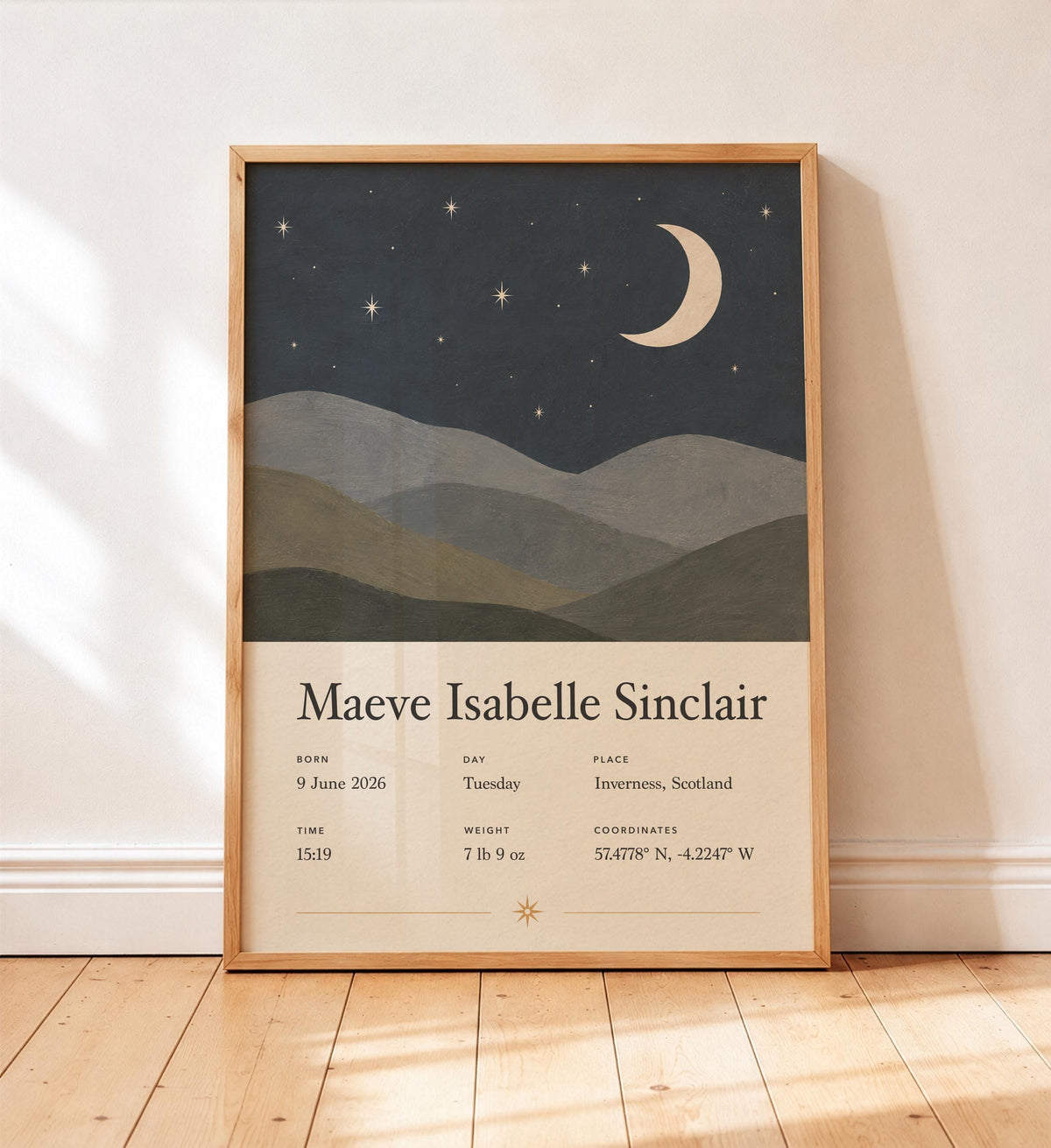 Personalised Moon Stars Birth Story Print | Custom Nursery Wall Art | Framed or Unframed