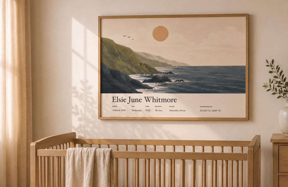 Personalised Birth Story Landscape Print | Coastal Nursery Wall Art | Framed or Unframed