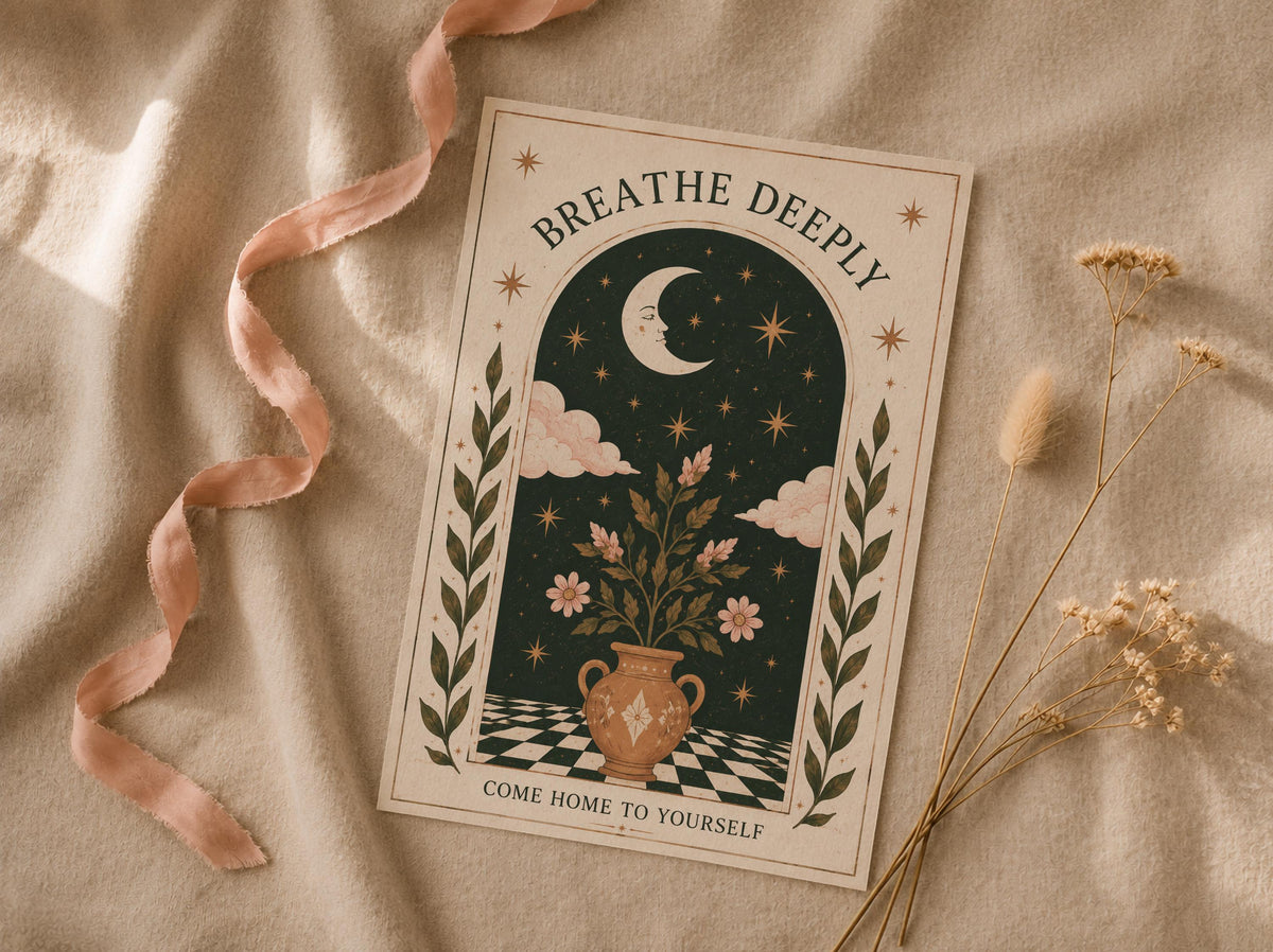 Breathe Deeply Print | Celestial Folk Art, Inspirational Moon Wall Art, Framed or Unframed