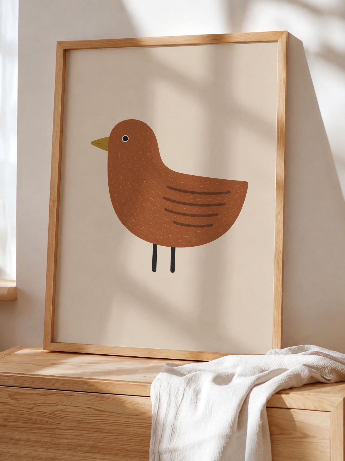 Hand-Painted Bird Print | Scandinavian Folk Art, Neutral Nursery Decor | Framed or Unframed