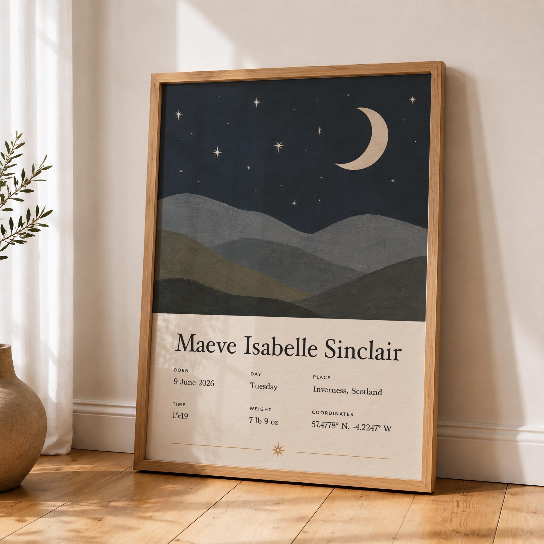 Personalised Moon Stars Birth Story Print | Custom Nursery Wall Art | Framed or Unframed