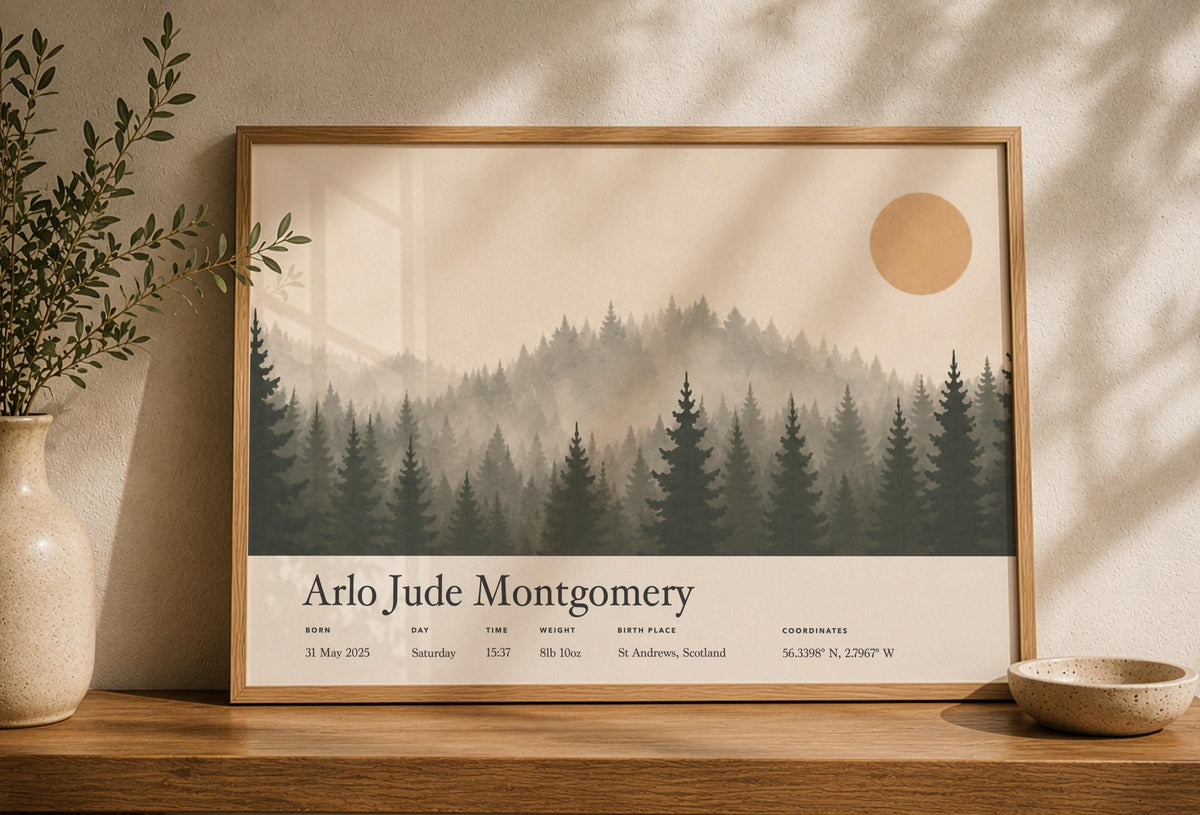 Personalised Birth Story Landscape Print | Forest Hills Nursery Wall Art | Framed or Unframed