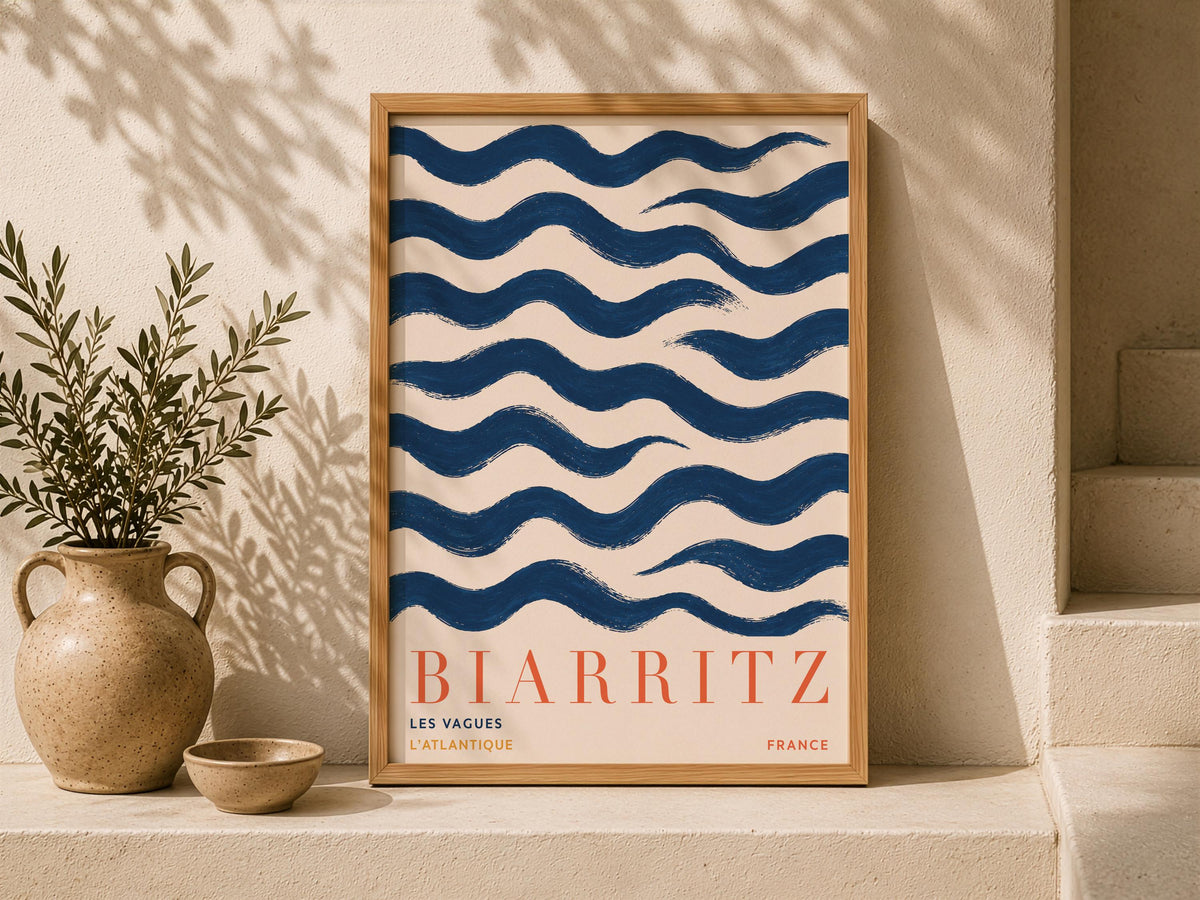 Biarritz Print | Hand-Painted French Coastal Waves Travel Poster | Framed or Unframed