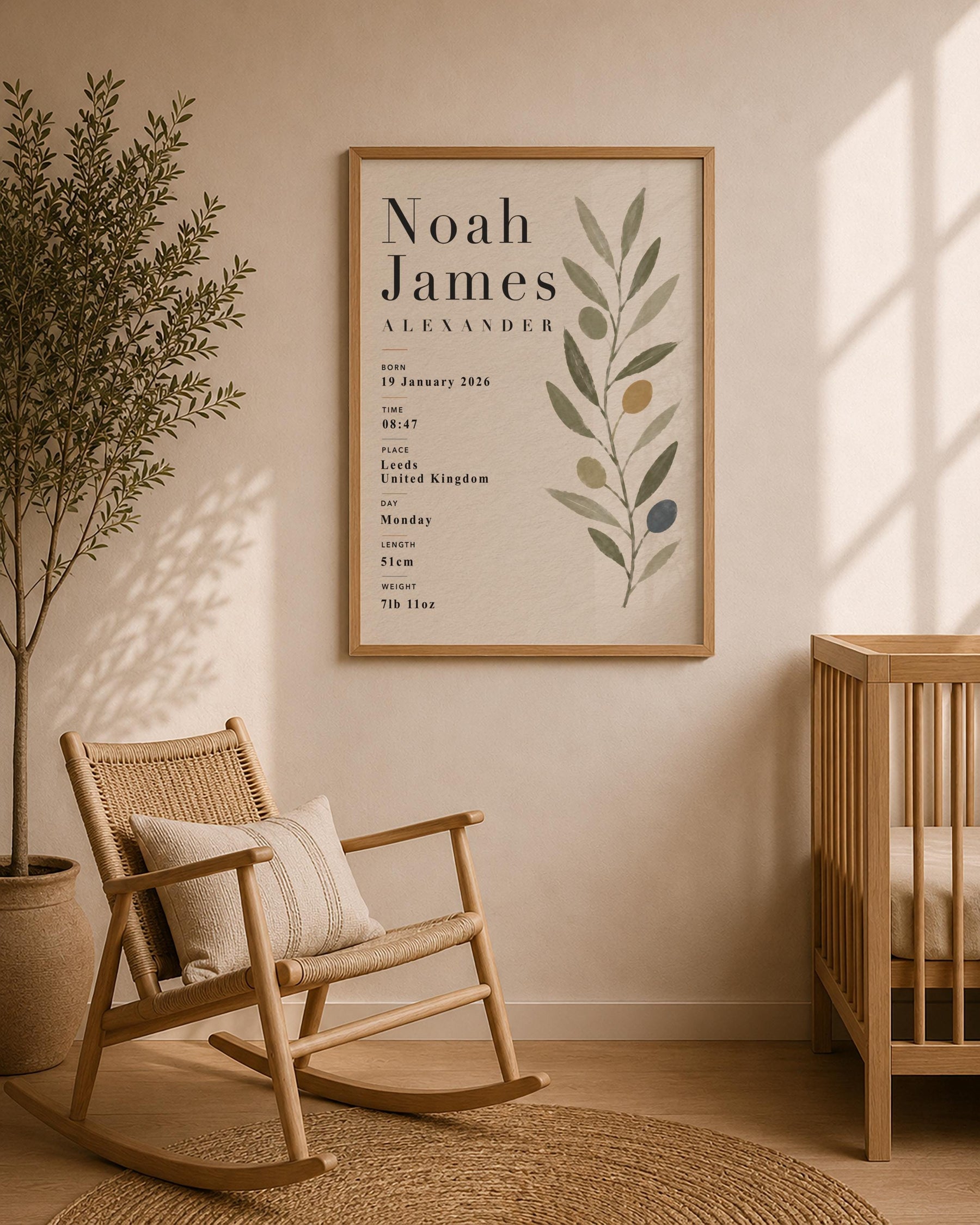 Personalised Botanical Birth Record Print | Custom Nursery Wall Art | Framed or Unframed