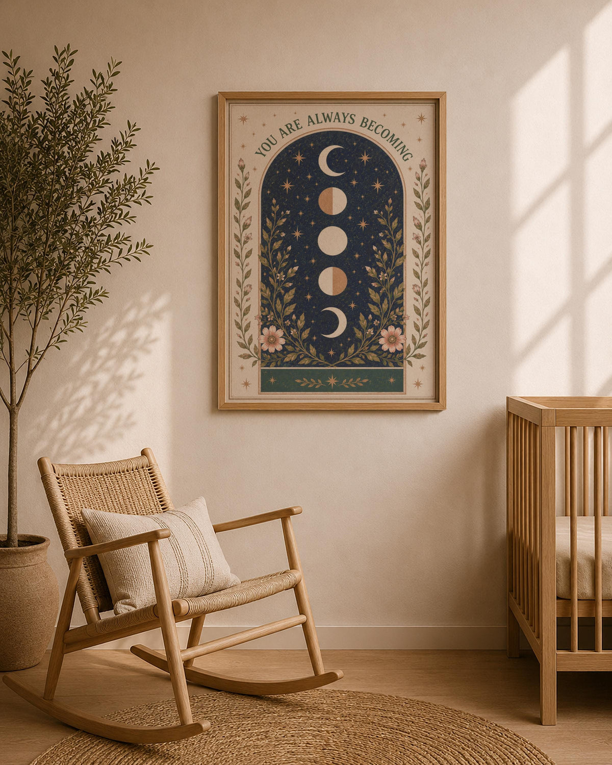 You Are Always Becoming Celestial Moon Phase Print | Positive Message Folk Art Nursery Wall Art | Framed or Unframed