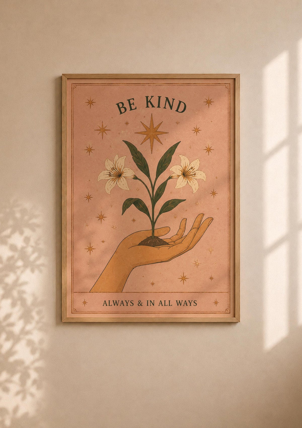 Be Kind Print | Inspirational Hand-Painted Floral Artwork, Celestial Folk Art | Framed or Unframed
