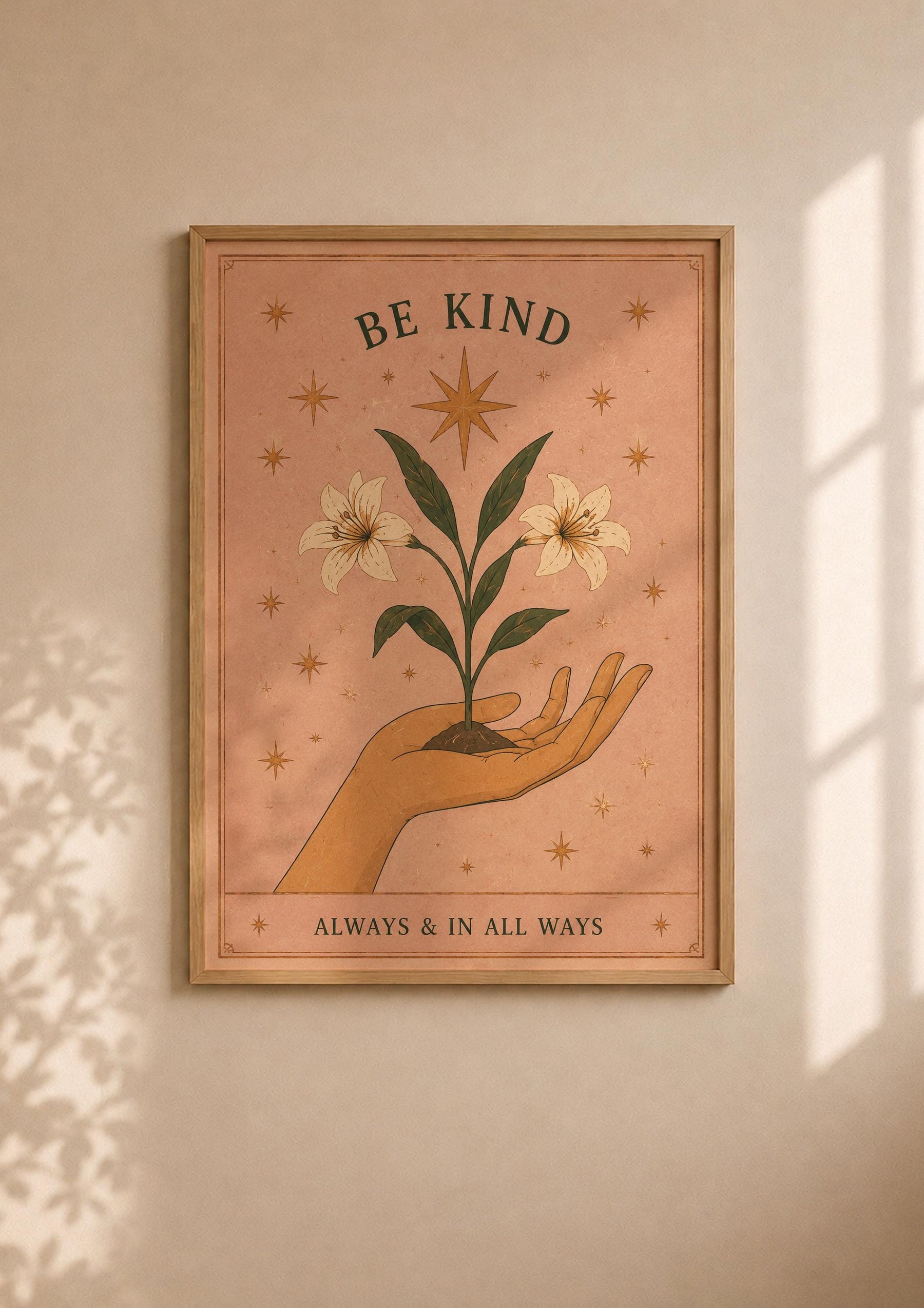 Be Kind Print | Inspirational Hand-Painted Floral Artwork, Celestial Folk Art | Framed or Unframed