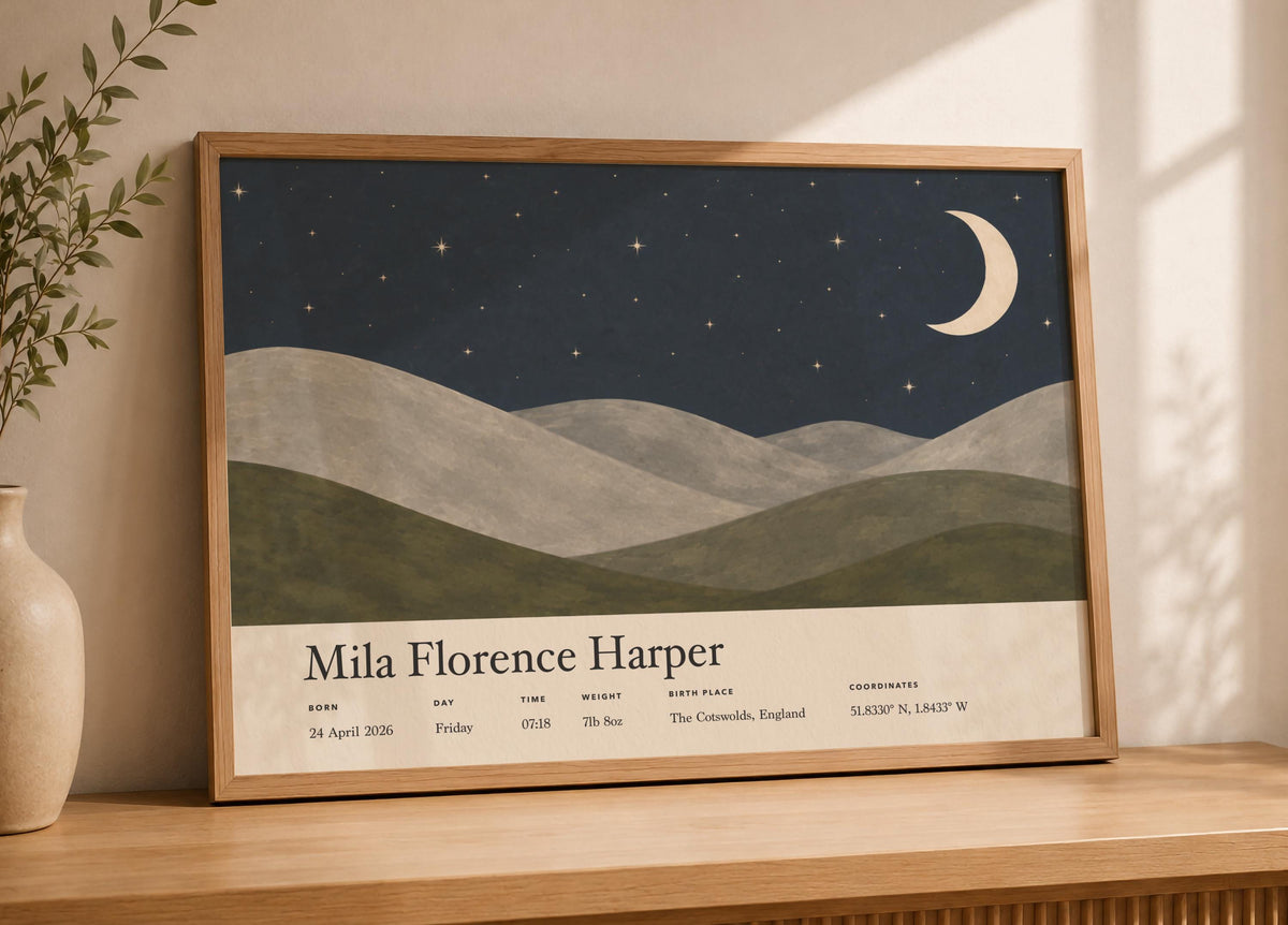 Personalised Birth Story Print | Moon Stars Nursery Wall Art | Framed or Unframed